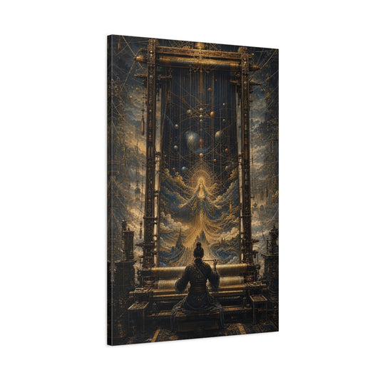 Main Mockup. Science Fiction Cosmic Weaver Blue And Gold shown as stretched canvas wall art