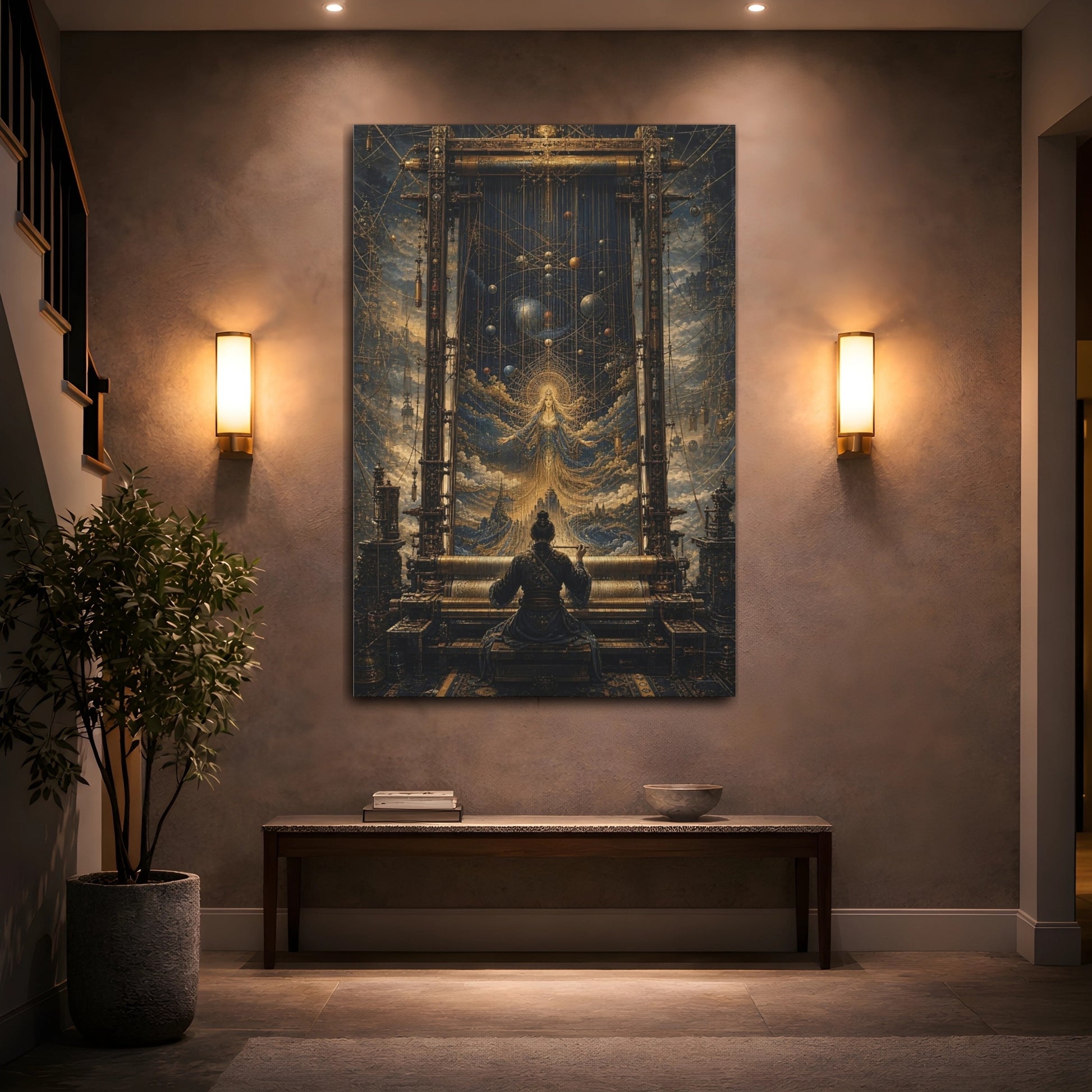 Mockup 2. Science Fiction Cosmic Weaver Blue And Gold shown as stretched canvas wall art