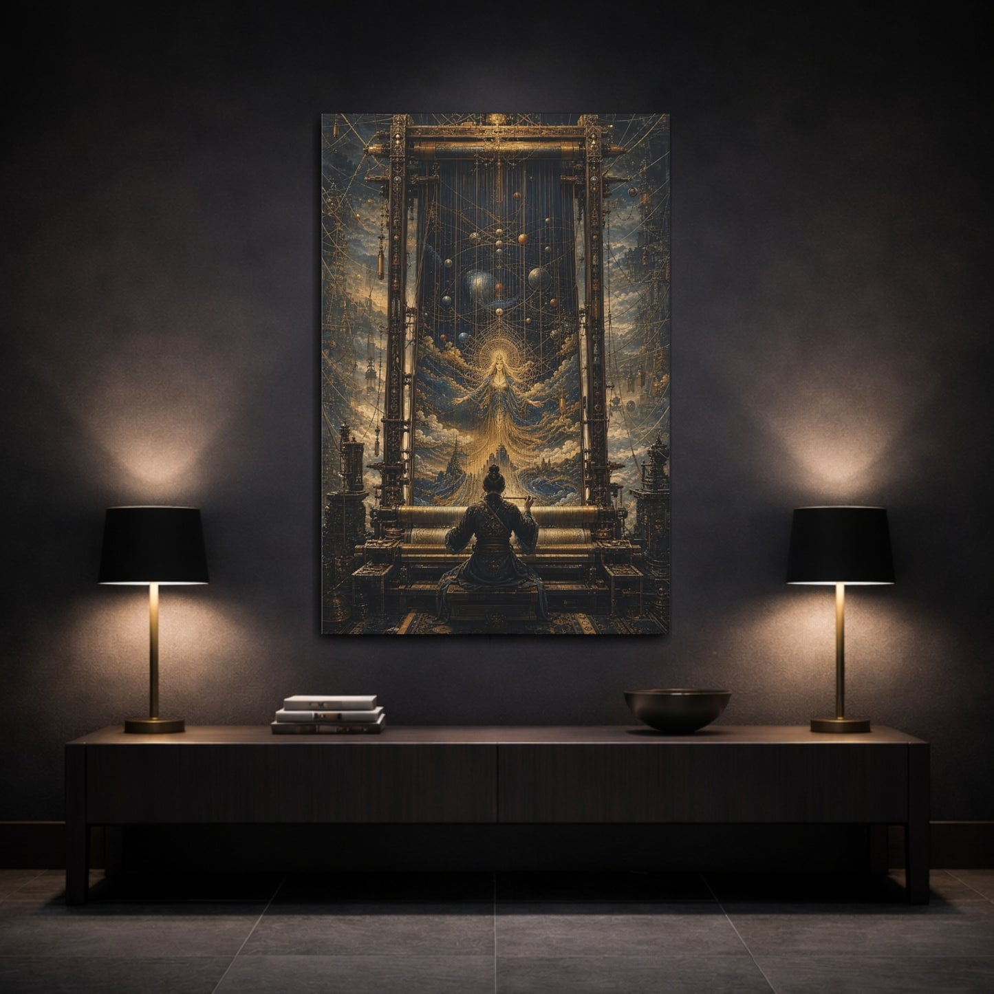 Mockup 3. Science Fiction Cosmic Weaver Blue And Gold shown as stretched canvas wall art
