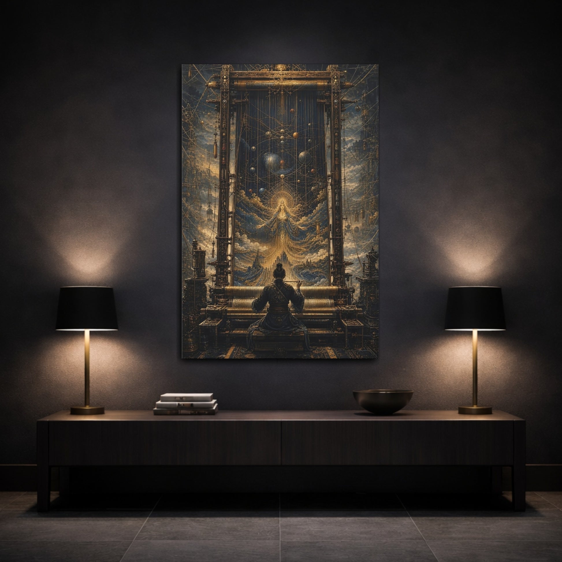 Mockup 3. Science Fiction Cosmic Weaver Blue And Gold shown as stretched canvas wall art
