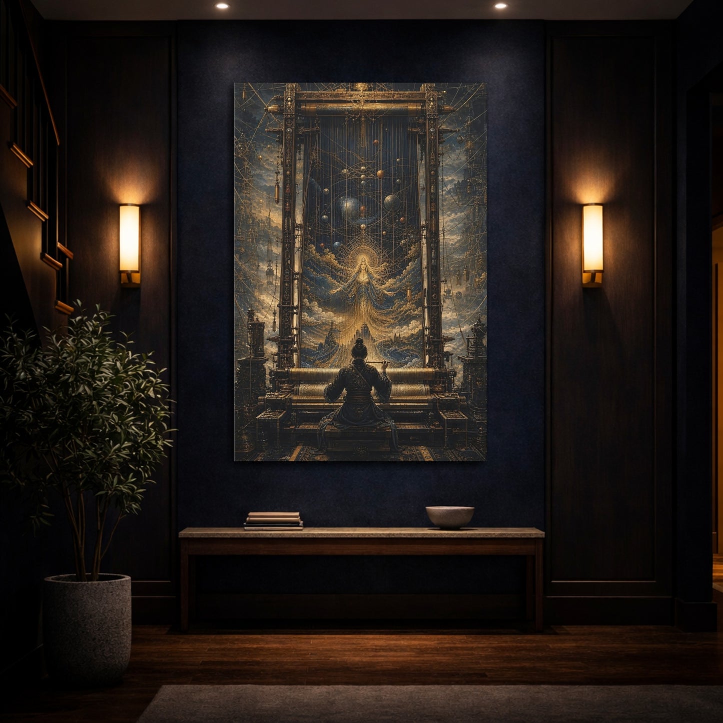 Mockup 4. Science Fiction Cosmic Weaver Blue And Gold shown as stretched canvas wall art