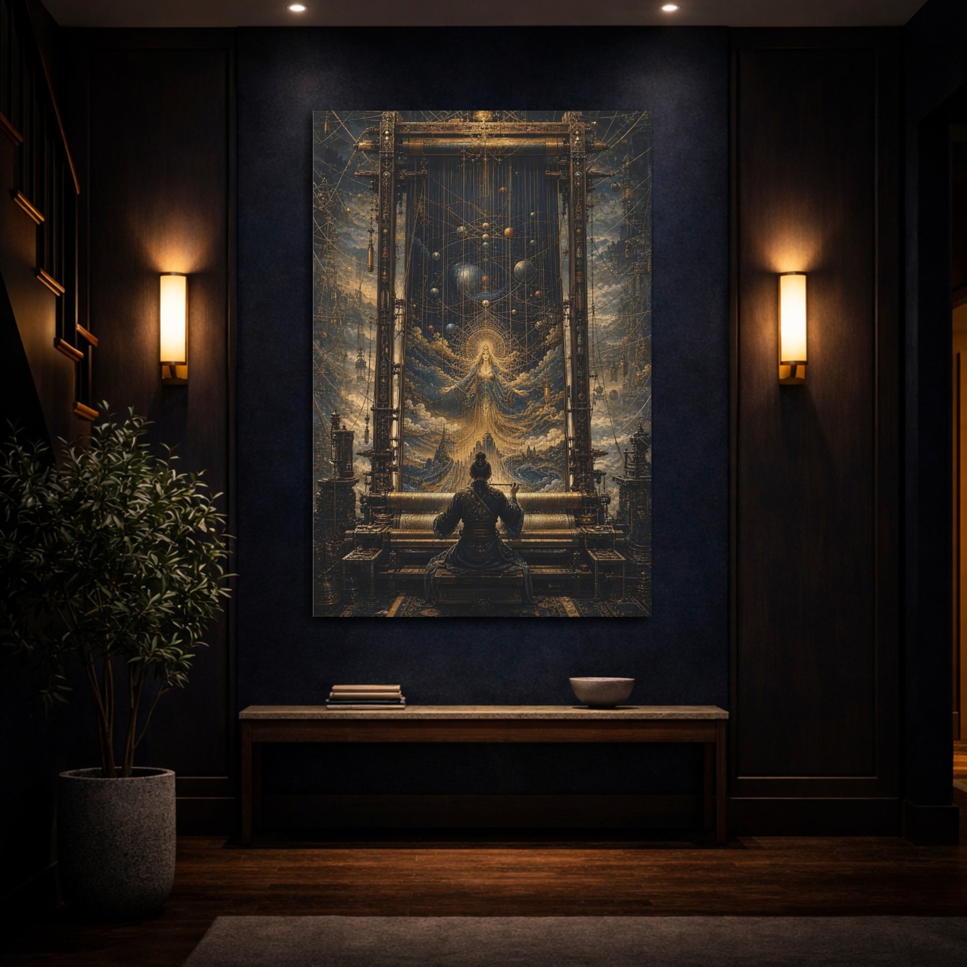 Mockup 4. Science Fiction Cosmic Weaver Blue And Gold shown as stretched canvas wall art