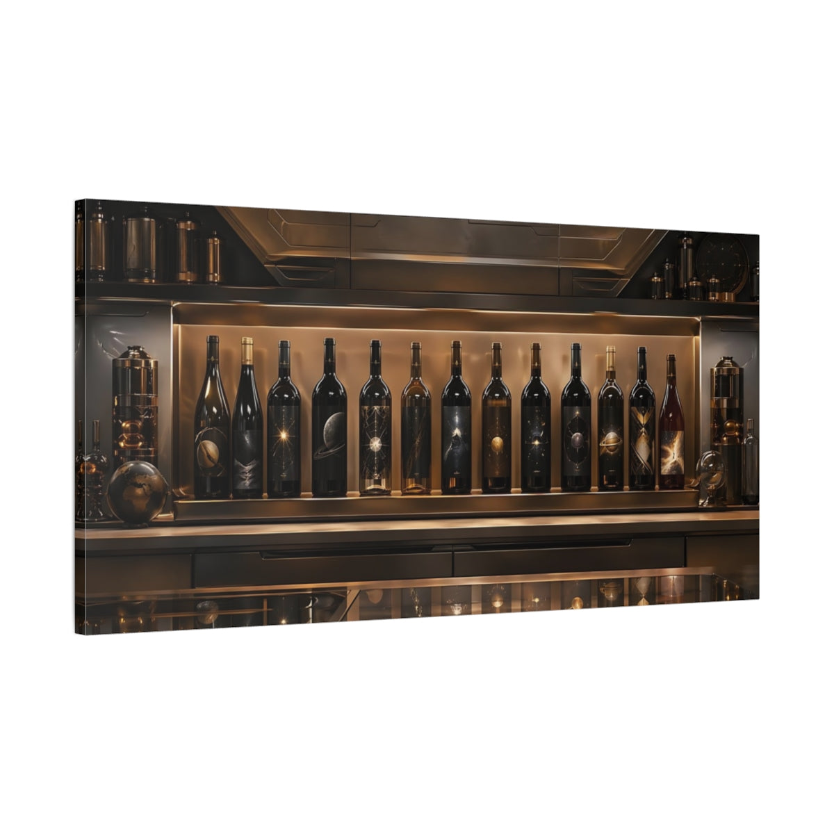 Main Mockup. Science Fiction Cosmic Wine Bottles Bronze And Black shown as stretched canvas wall art