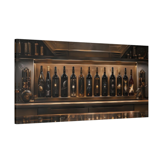 Main Mockup. Science Fiction Cosmic Wine Bottles Bronze And Black shown as stretched canvas wall art