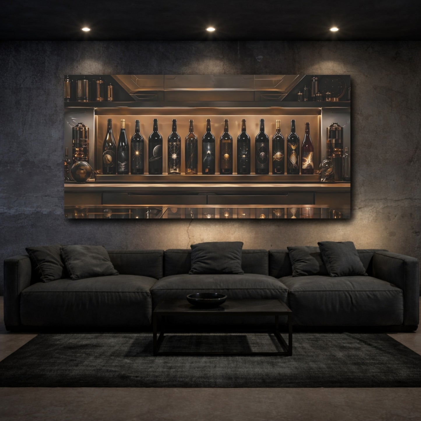 Mockup 2. Science Fiction Cosmic Wine Bottles Bronze And Black shown as stretched canvas wall art