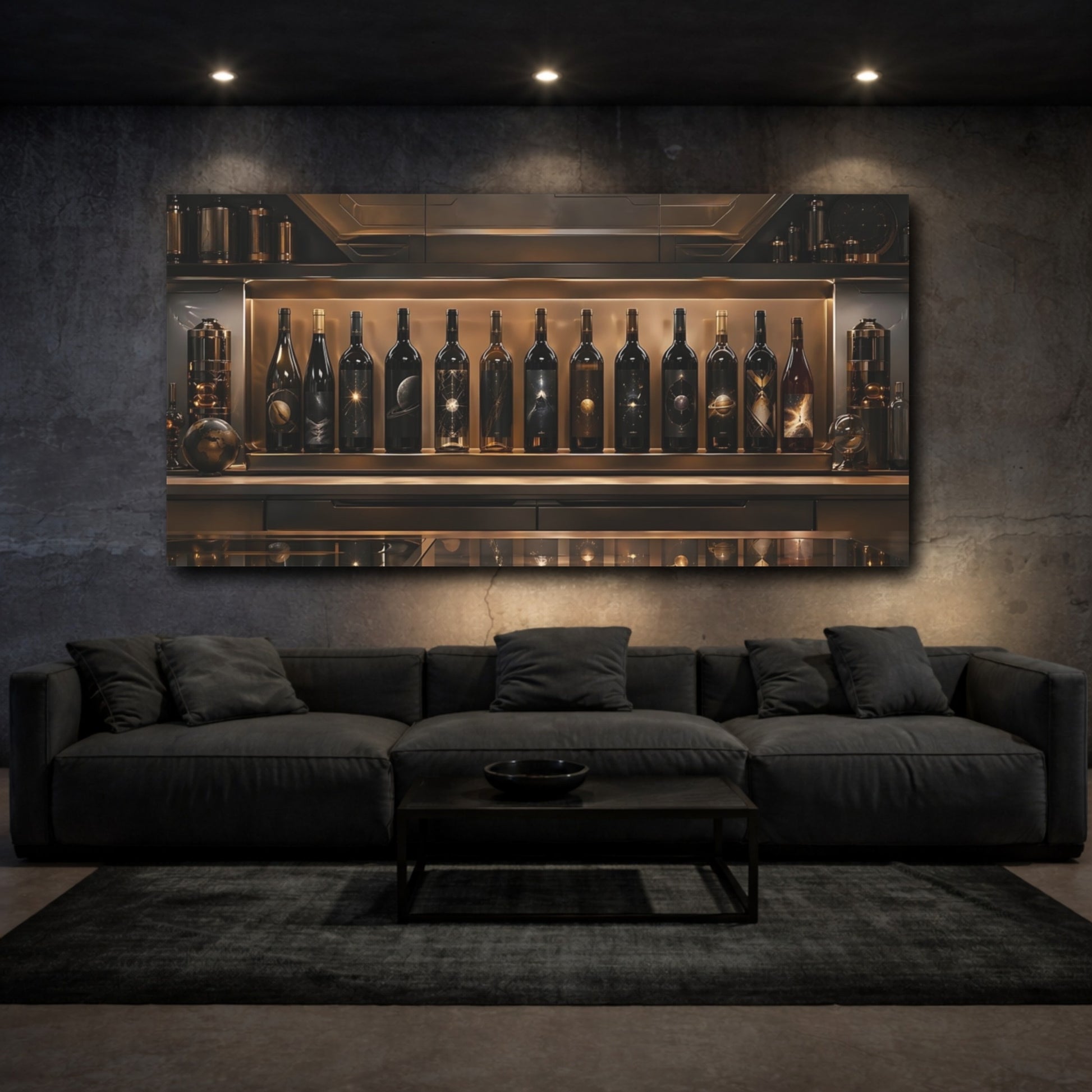 Mockup 2. Science Fiction Cosmic Wine Bottles Bronze And Black shown as stretched canvas wall art