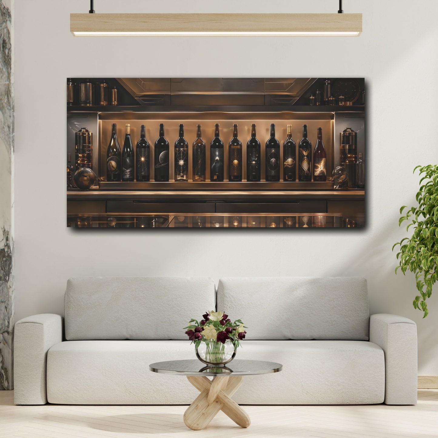 Mockup 3. Science Fiction Cosmic Wine Bottles Bronze And Black shown as stretched canvas wall art
