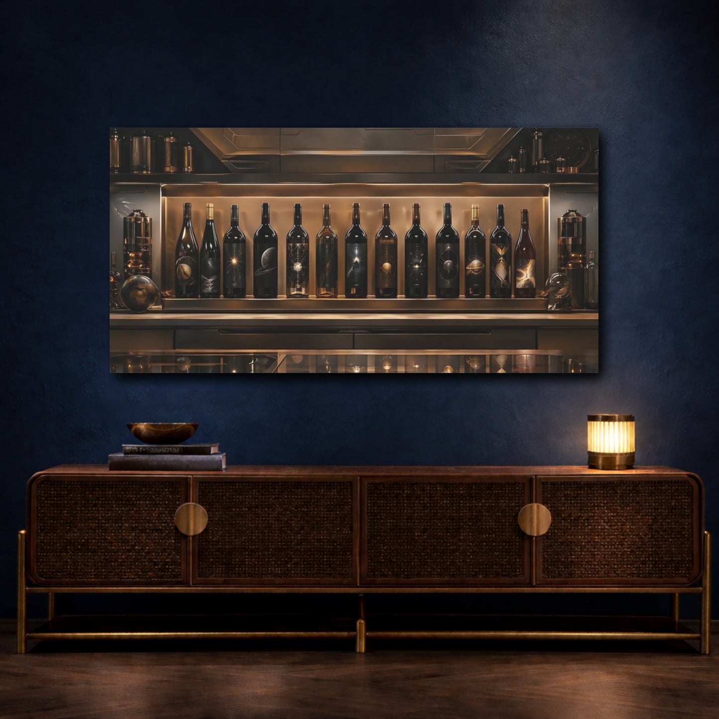 Mockup 4. Science Fiction Cosmic Wine Bottles Bronze And Black shown as stretched canvas wall art