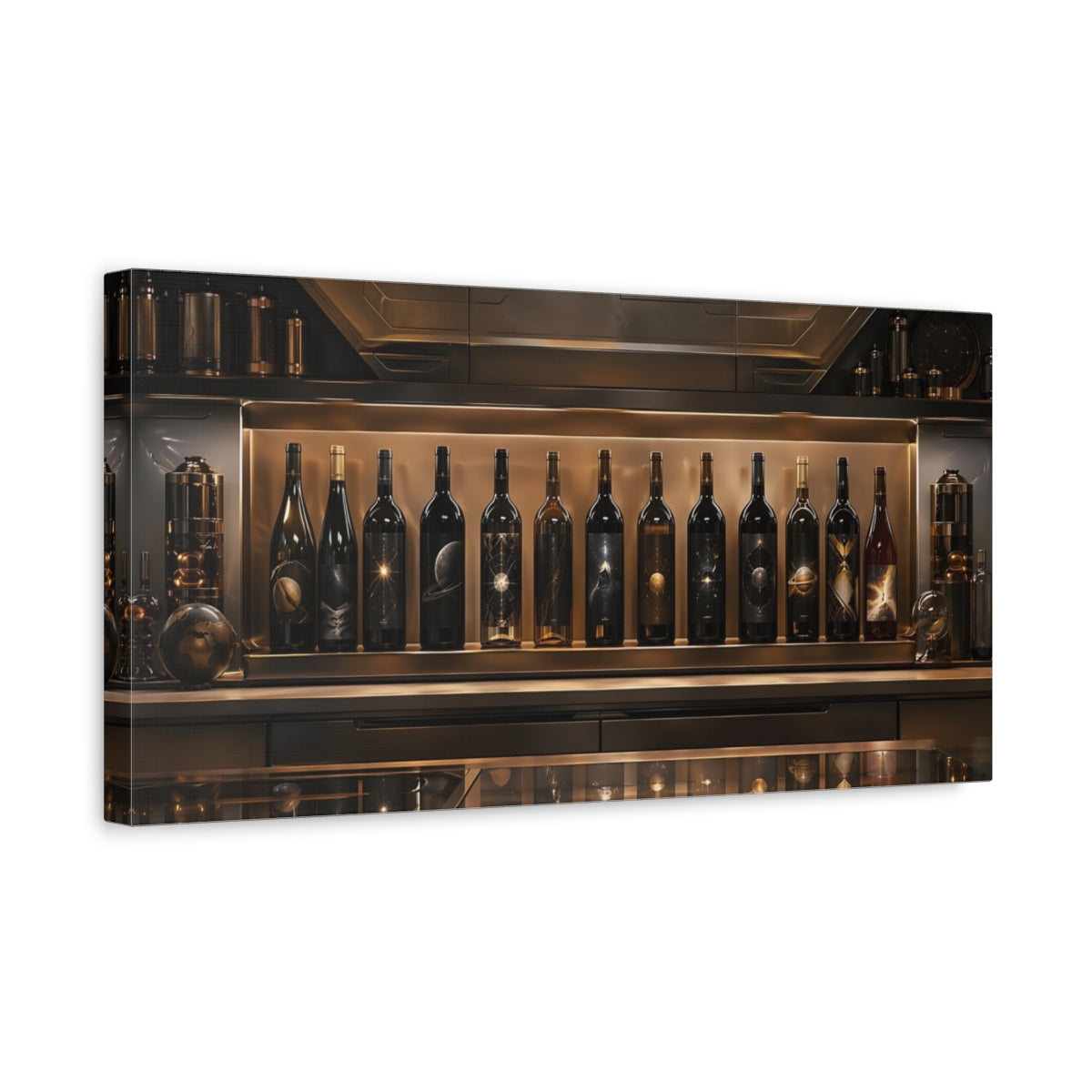 Side Mockup 3. Science Fiction Cosmic Wine Bottles Bronze And Black shown as stretched canvas wall art
