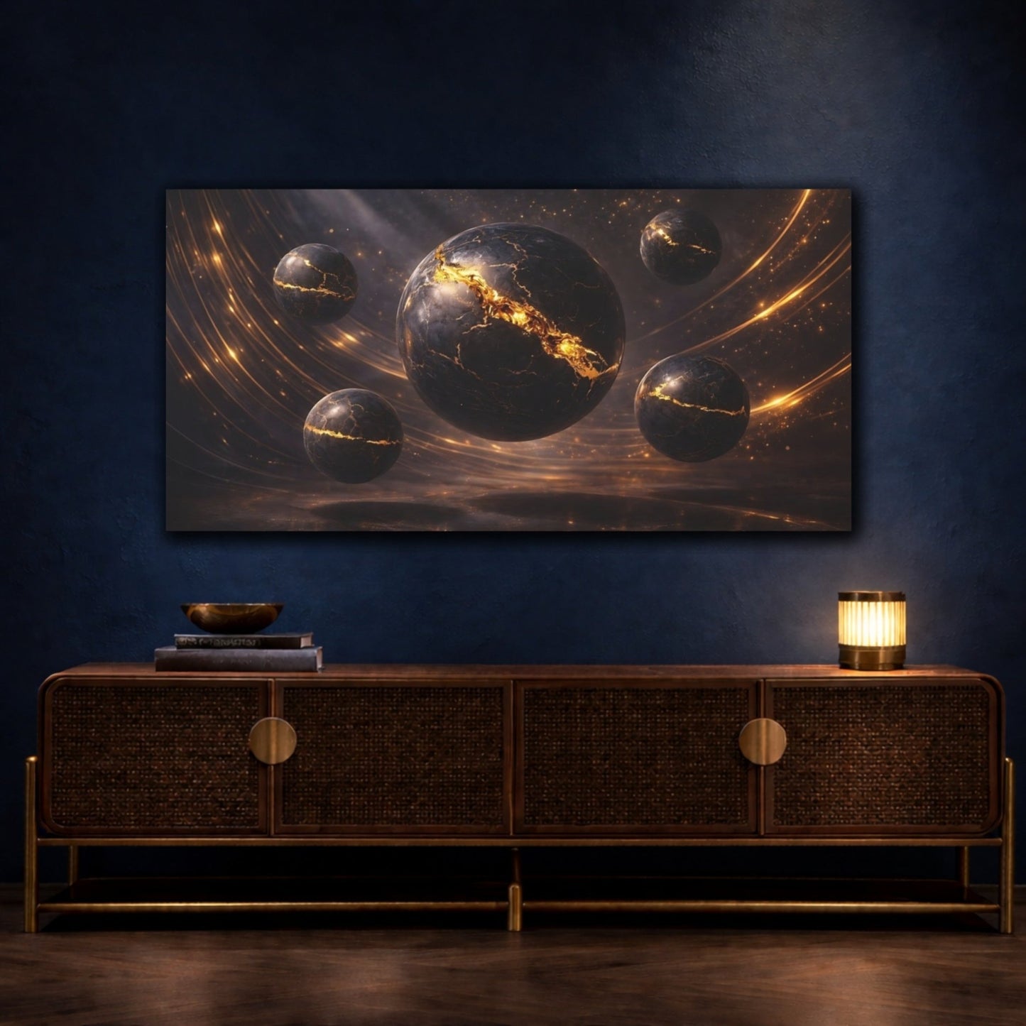 Science Fiction Cracked Spheres Gold And - Canvas Wall Art Print - YesArtYes