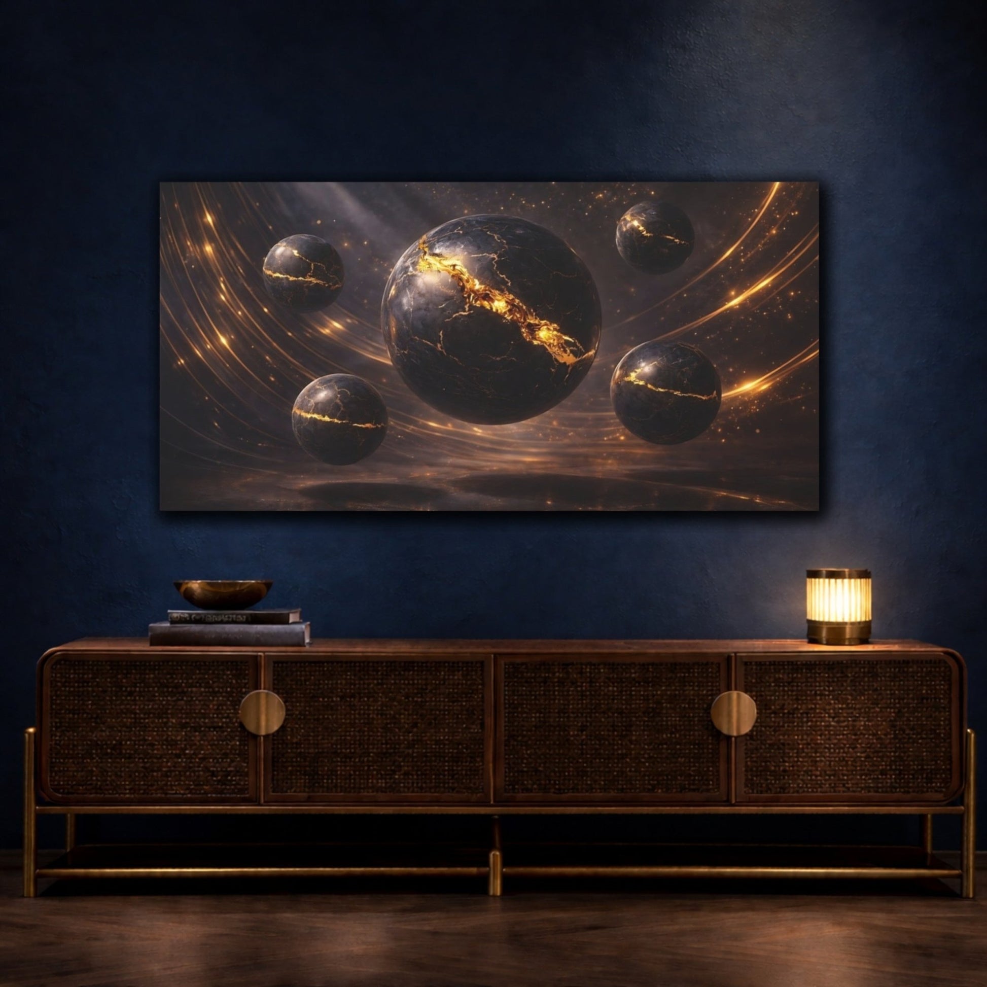 Science Fiction Cracked Spheres Gold And - Canvas Wall Art Print - YesArtYes