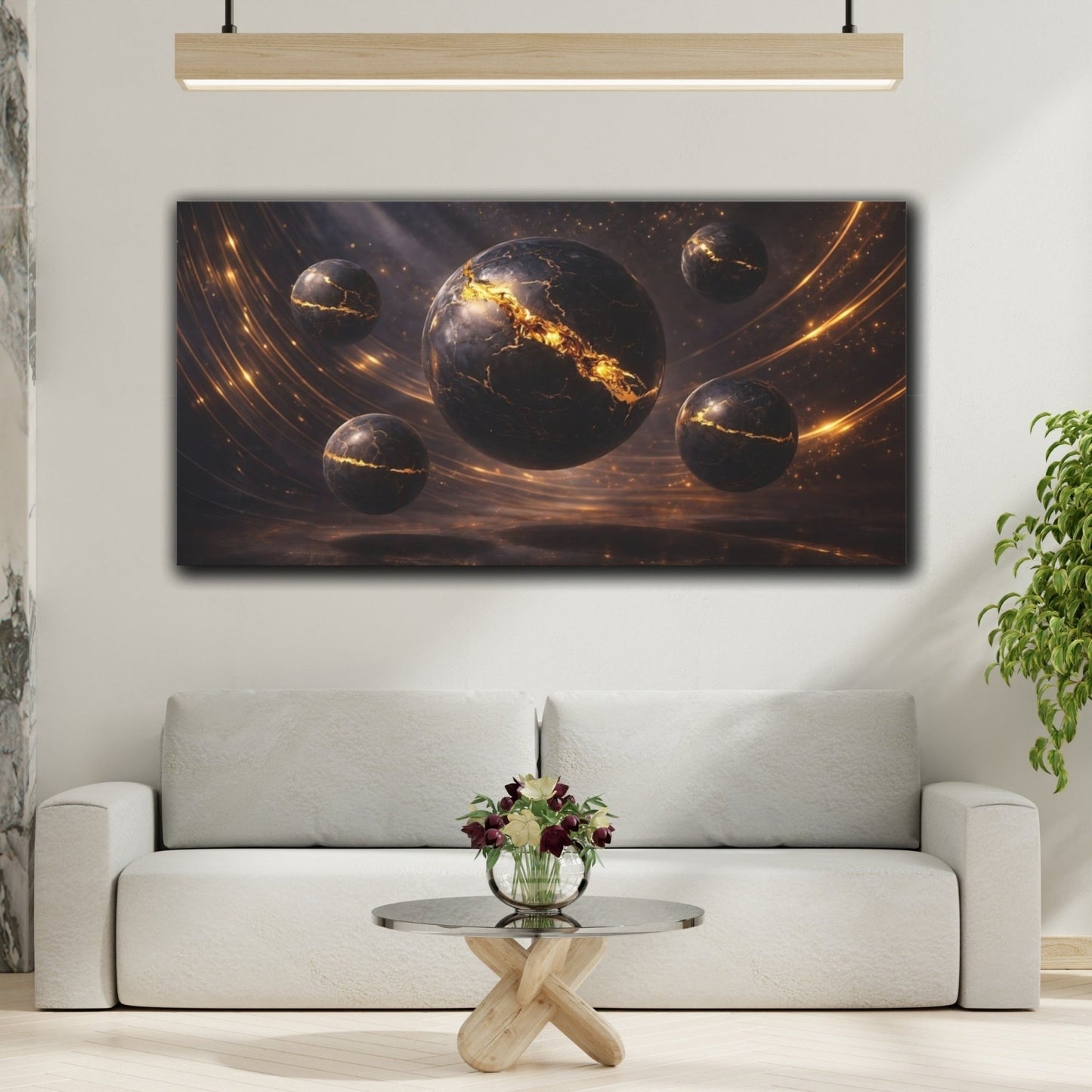 Science Fiction Cracked Spheres Gold And - Canvas Wall Art Print - YesArtYes