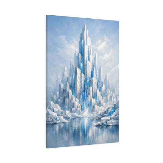 Main Mockup. Science Fiction Crystal City Blue And White shown as stretched canvas wall art