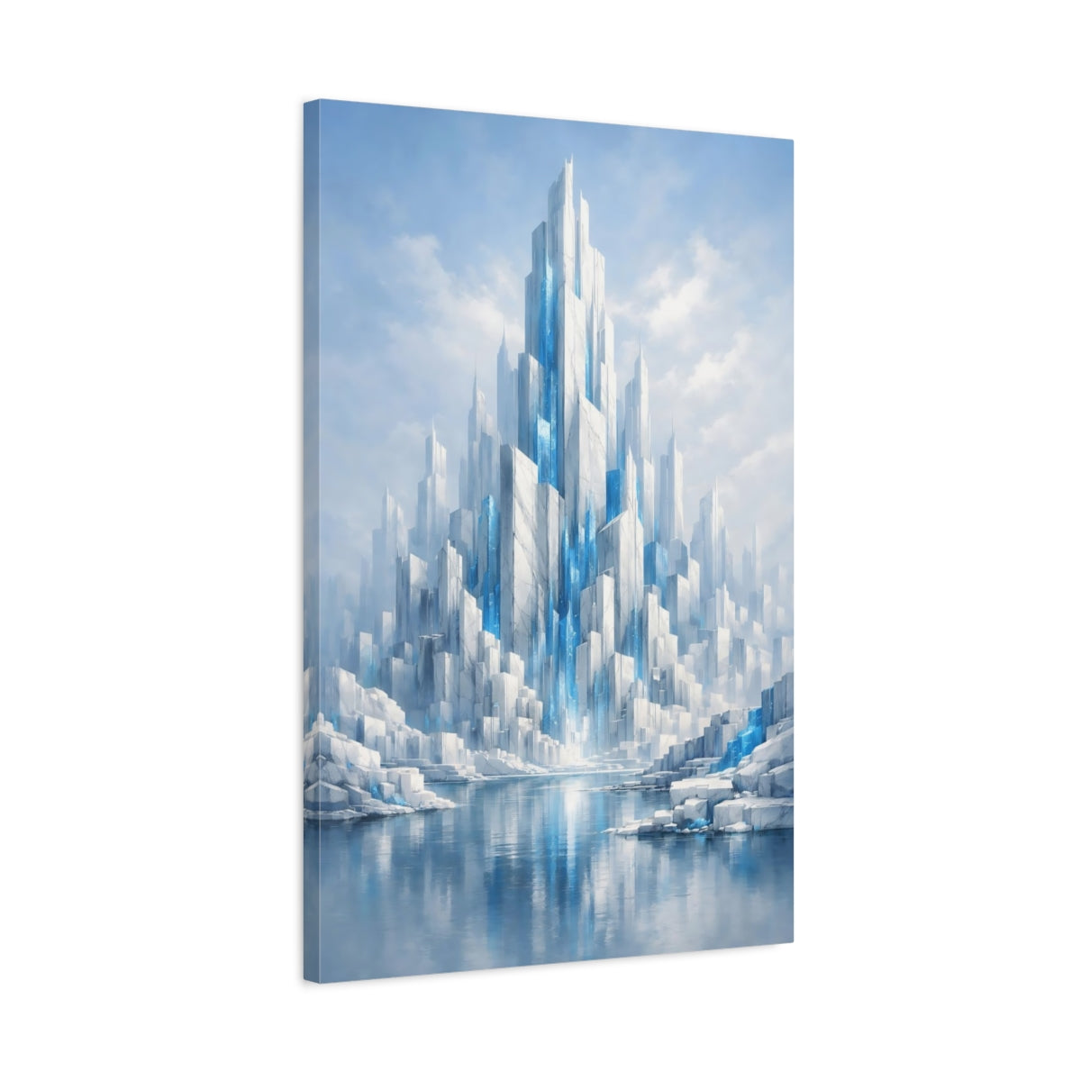 Side Mockup 2. Science Fiction Crystal City Blue And White shown as stretched canvas wall art