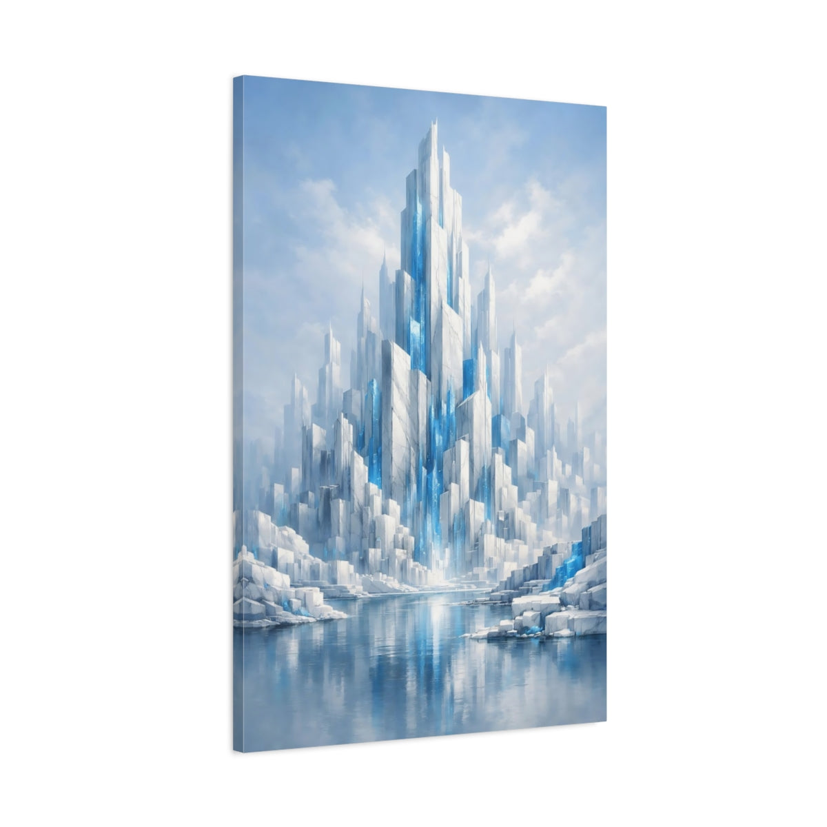 Side Mockup 1. Science Fiction Crystal City Blue And White shown as stretched canvas wall art