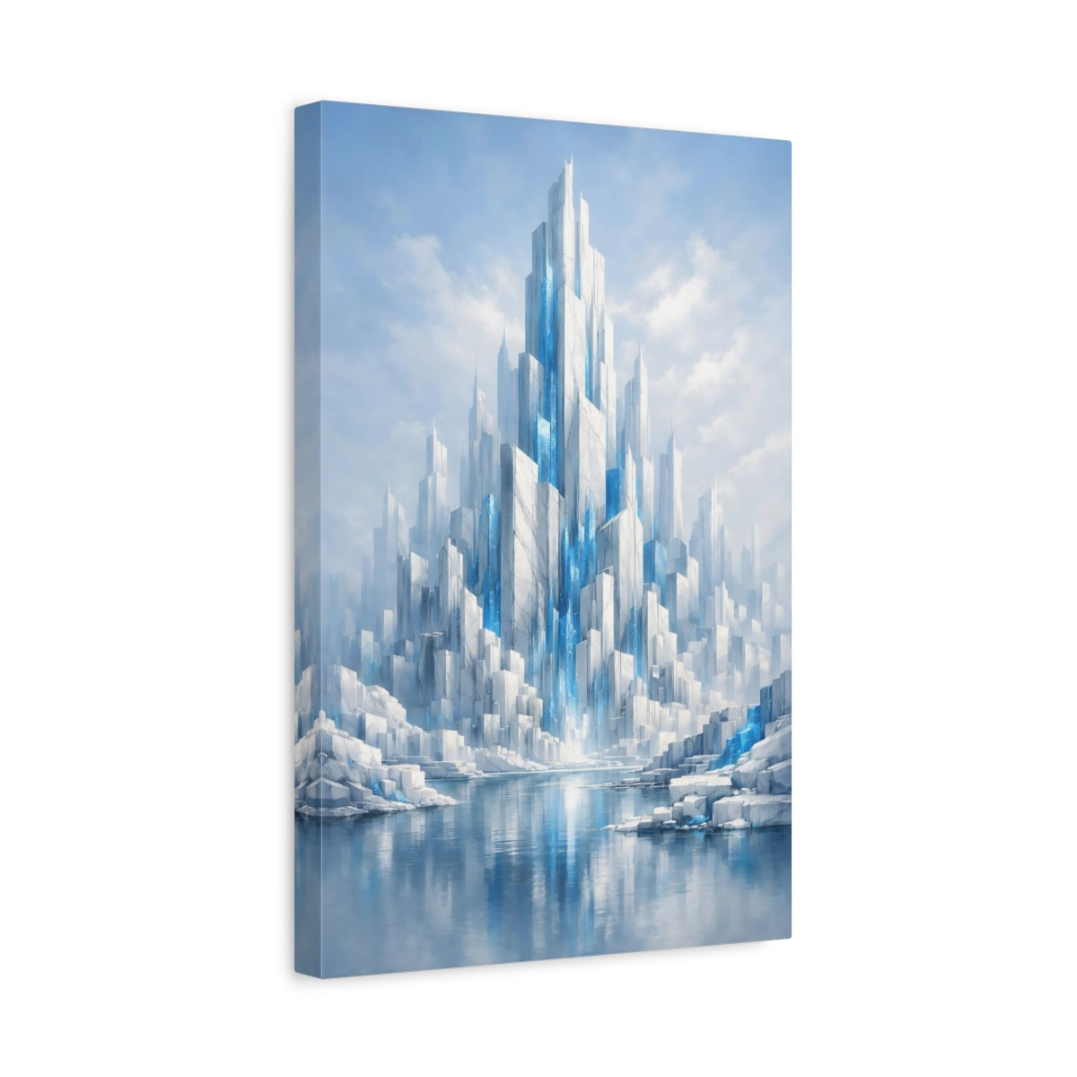 Side Mockup 4. Science Fiction Crystal City Blue And White shown as stretched canvas wall art
