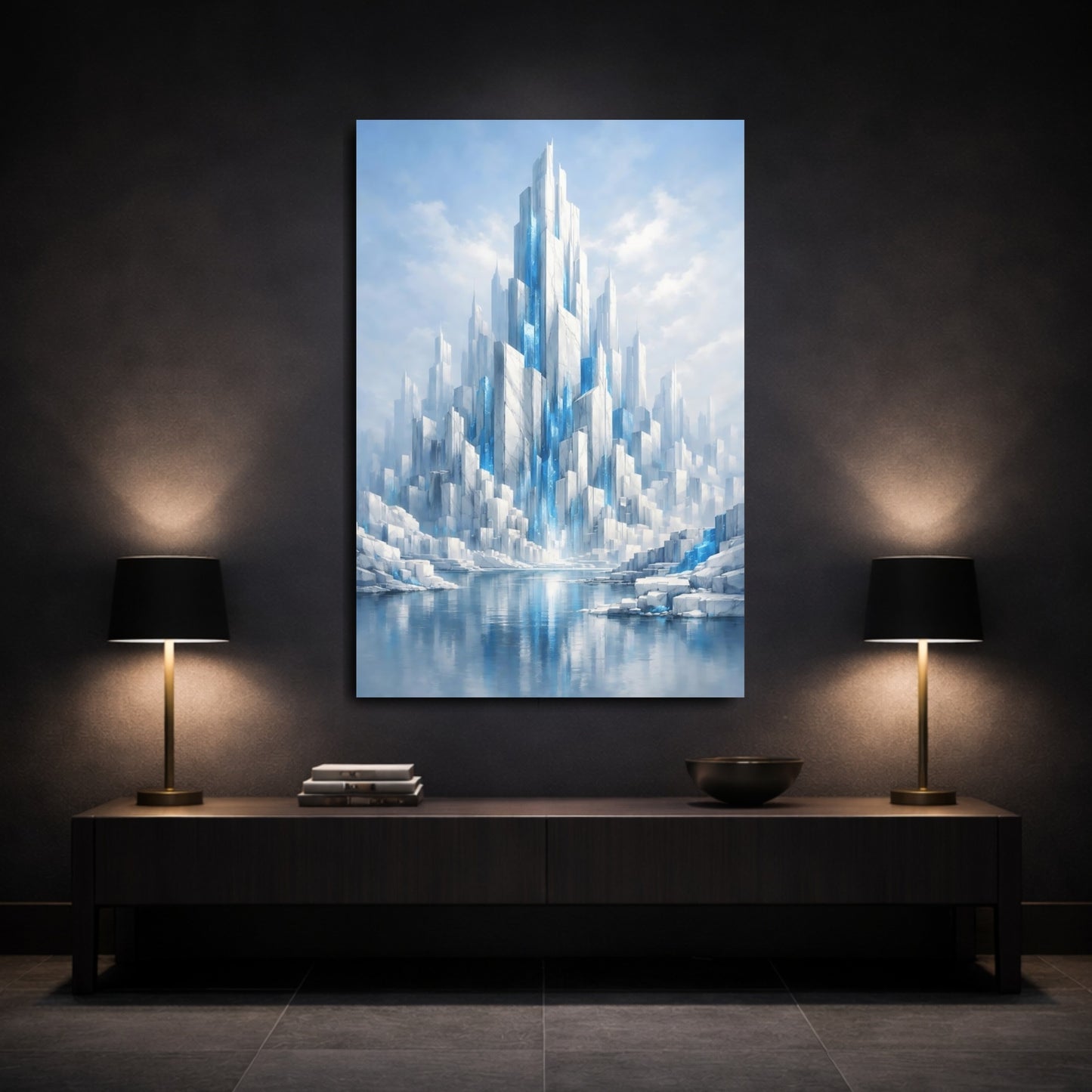 Mockup 2. Science Fiction Crystal City Blue And White shown as stretched canvas wall art