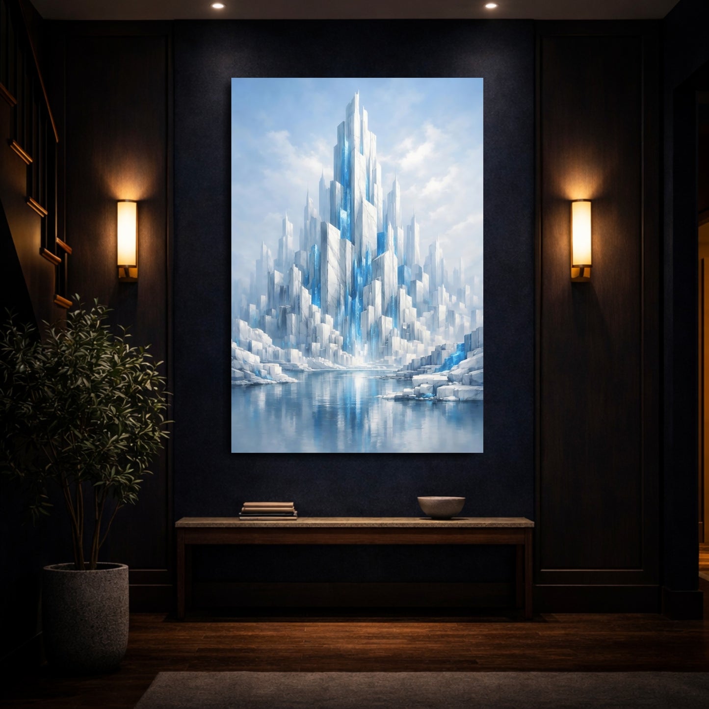 Mockup 3. Science Fiction Crystal City Blue And White shown as stretched canvas wall art