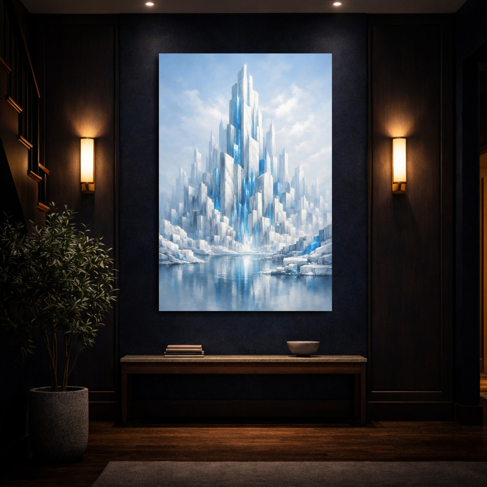 Mockup 3. Science Fiction Crystal City Blue And White shown as stretched canvas wall art
