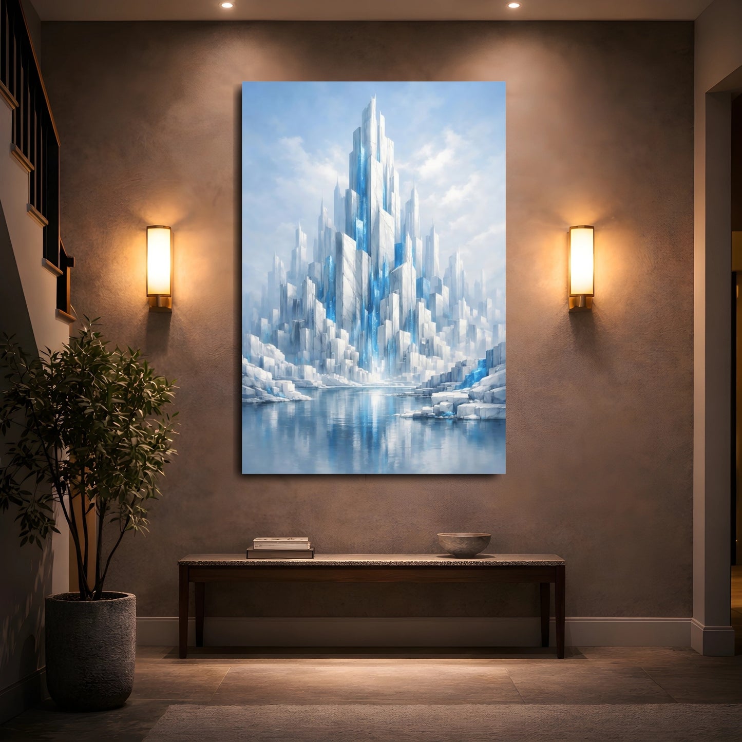Mockup 4. Science Fiction Crystal City Blue And White shown as stretched canvas wall art