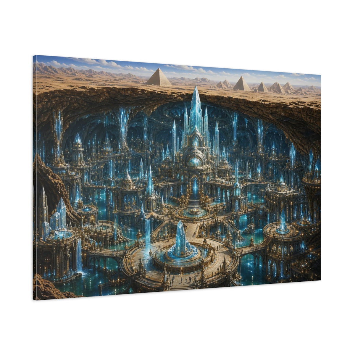 Side Mockup 1. Science Fiction Crystal City Blue Crystal City shown as stretched canvas wall art