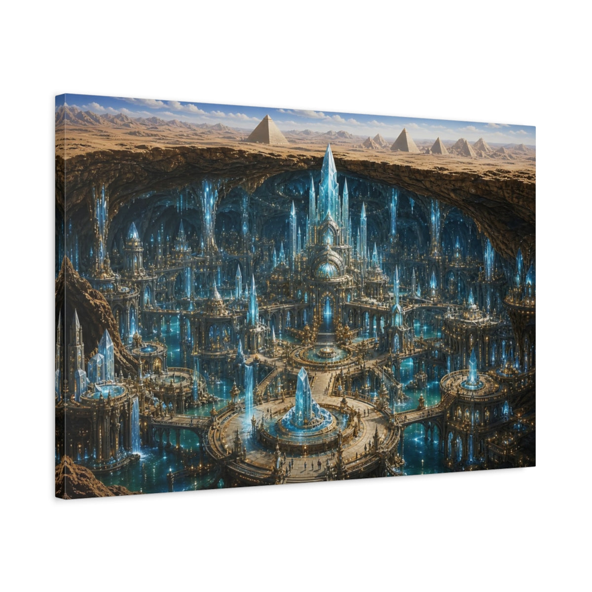Side Mockup 2. Science Fiction Crystal City Blue Crystal City shown as stretched canvas wall art