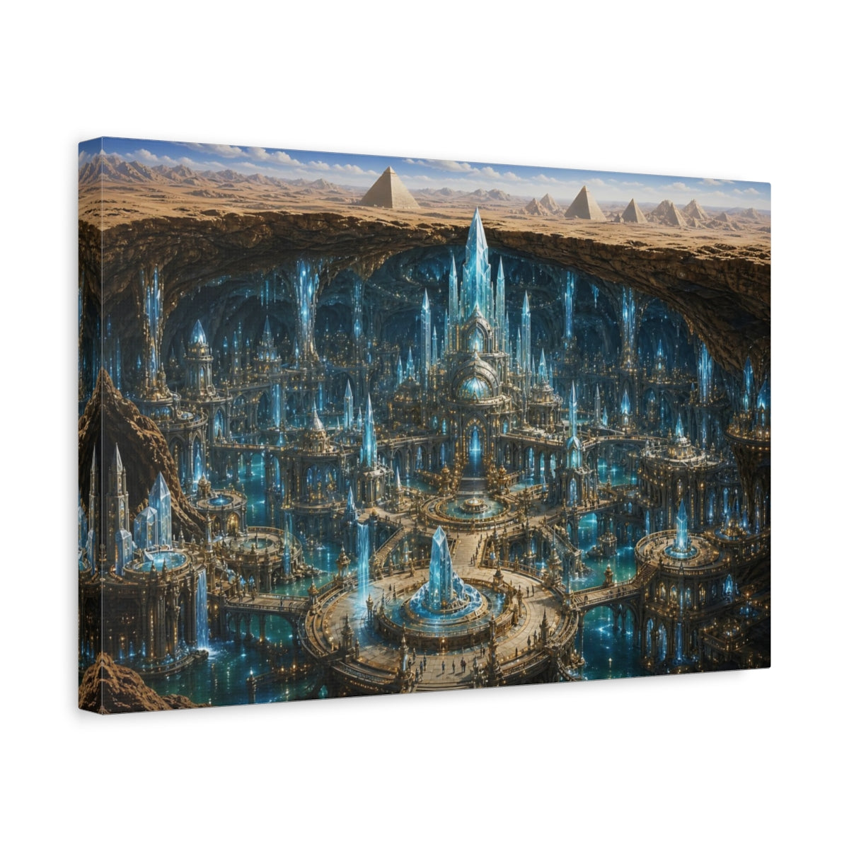 Side Mockup 4. Science Fiction Crystal City Blue Crystal City shown as stretched canvas wall art