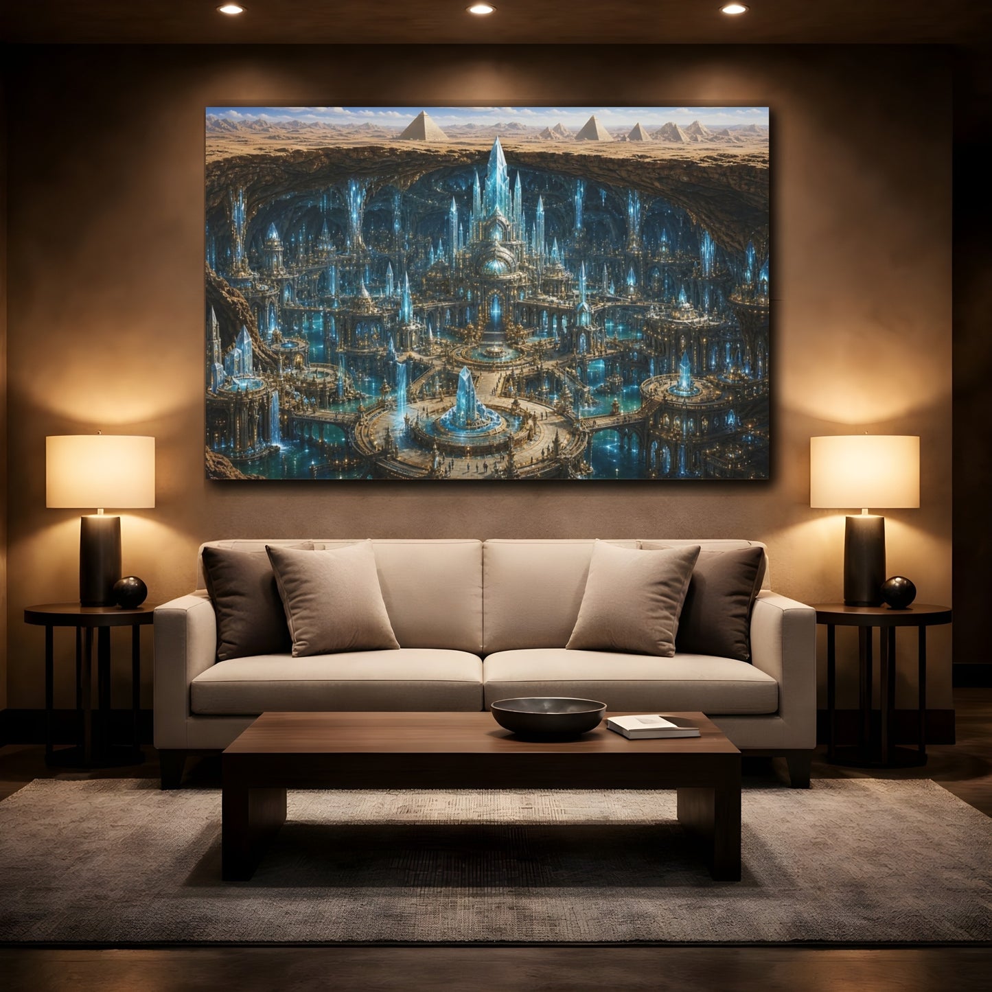 Mockup 2. Science Fiction Crystal City Blue Crystal City shown as stretched canvas wall art
