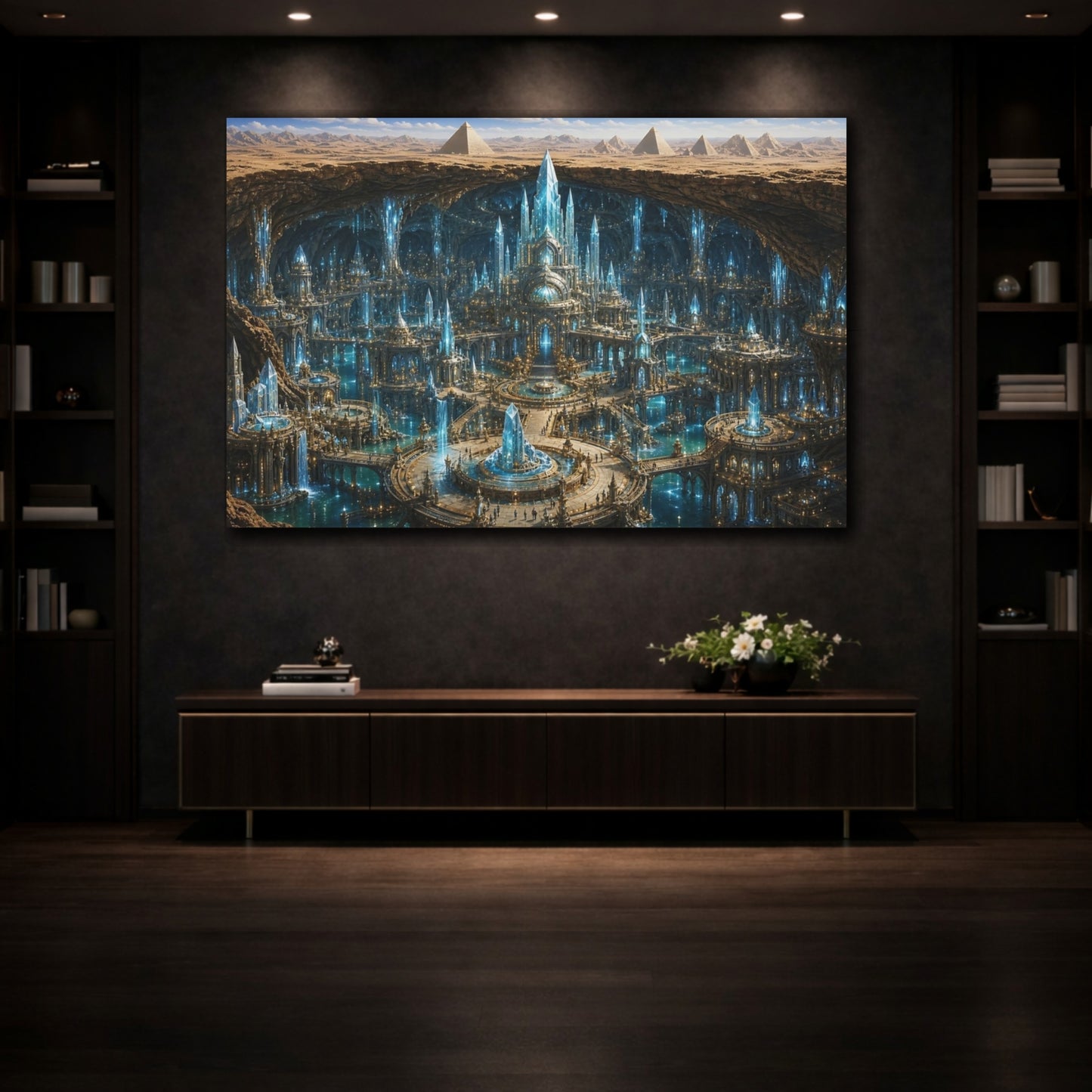 Mockup 3. Science Fiction Crystal City Blue Crystal City shown as stretched canvas wall art
