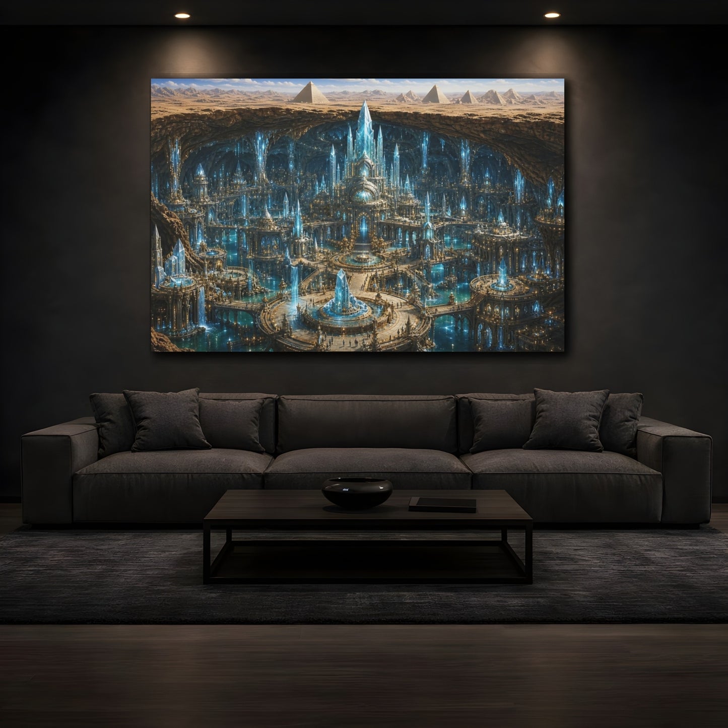 Mockup 4. Science Fiction Crystal City Blue Crystal City shown as stretched canvas wall art
