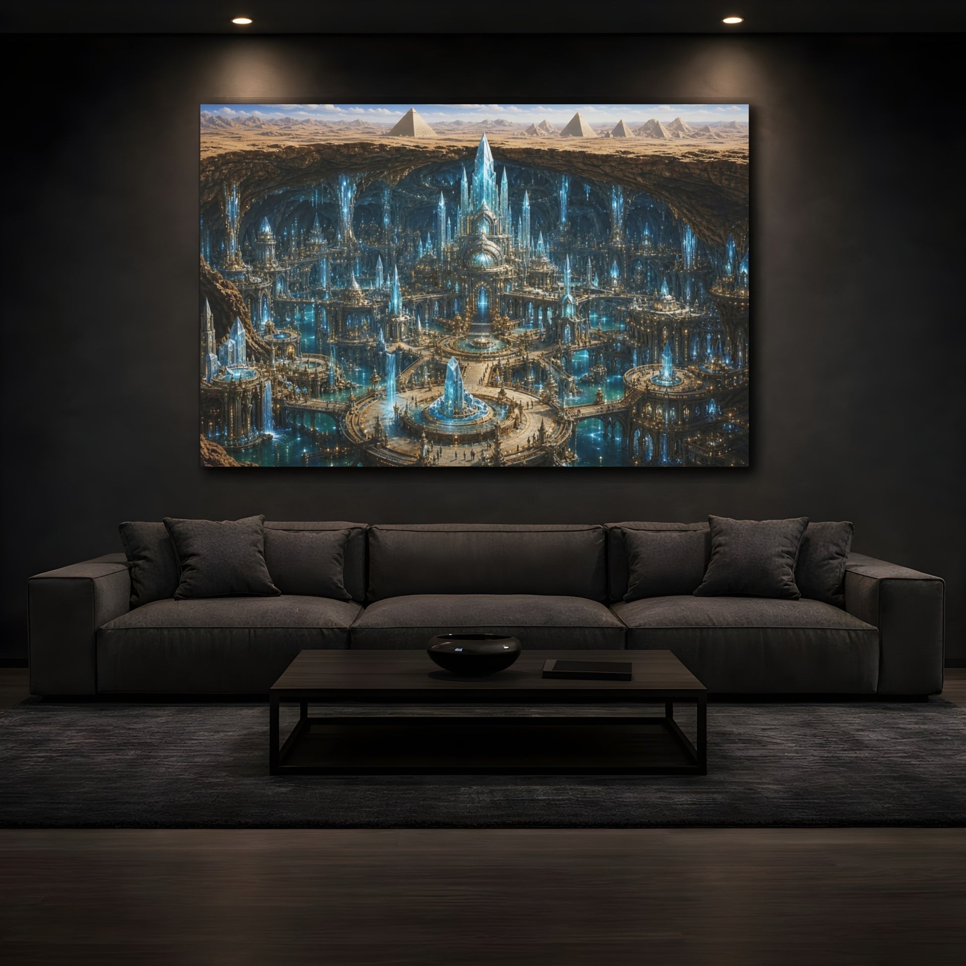 Mockup 4. Science Fiction Crystal City Blue Crystal City shown as stretched canvas wall art