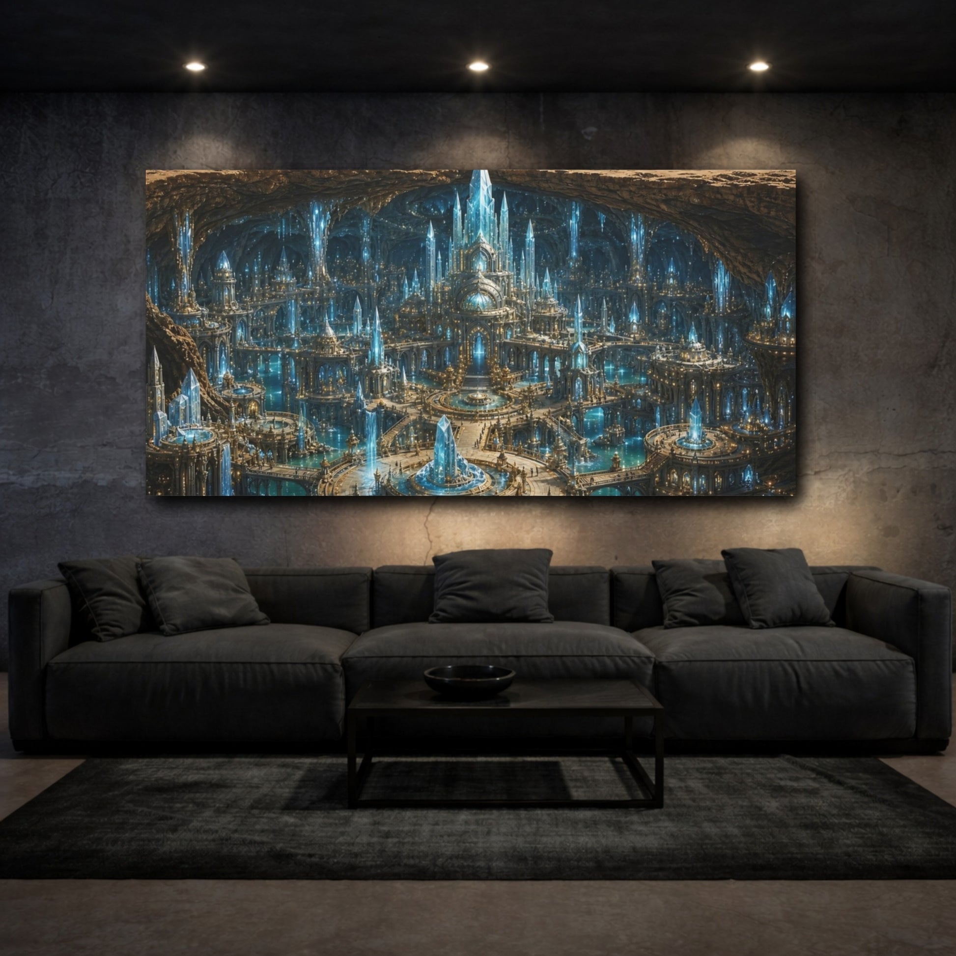 Mockup 2. Science Fiction Crystal City Desert Crystal City shown as stretched canvas wall art