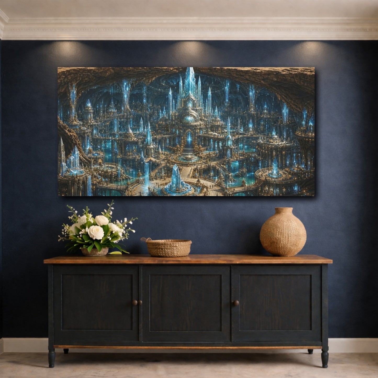 Mockup 4. Science Fiction Crystal City Desert Crystal City shown as stretched canvas wall art