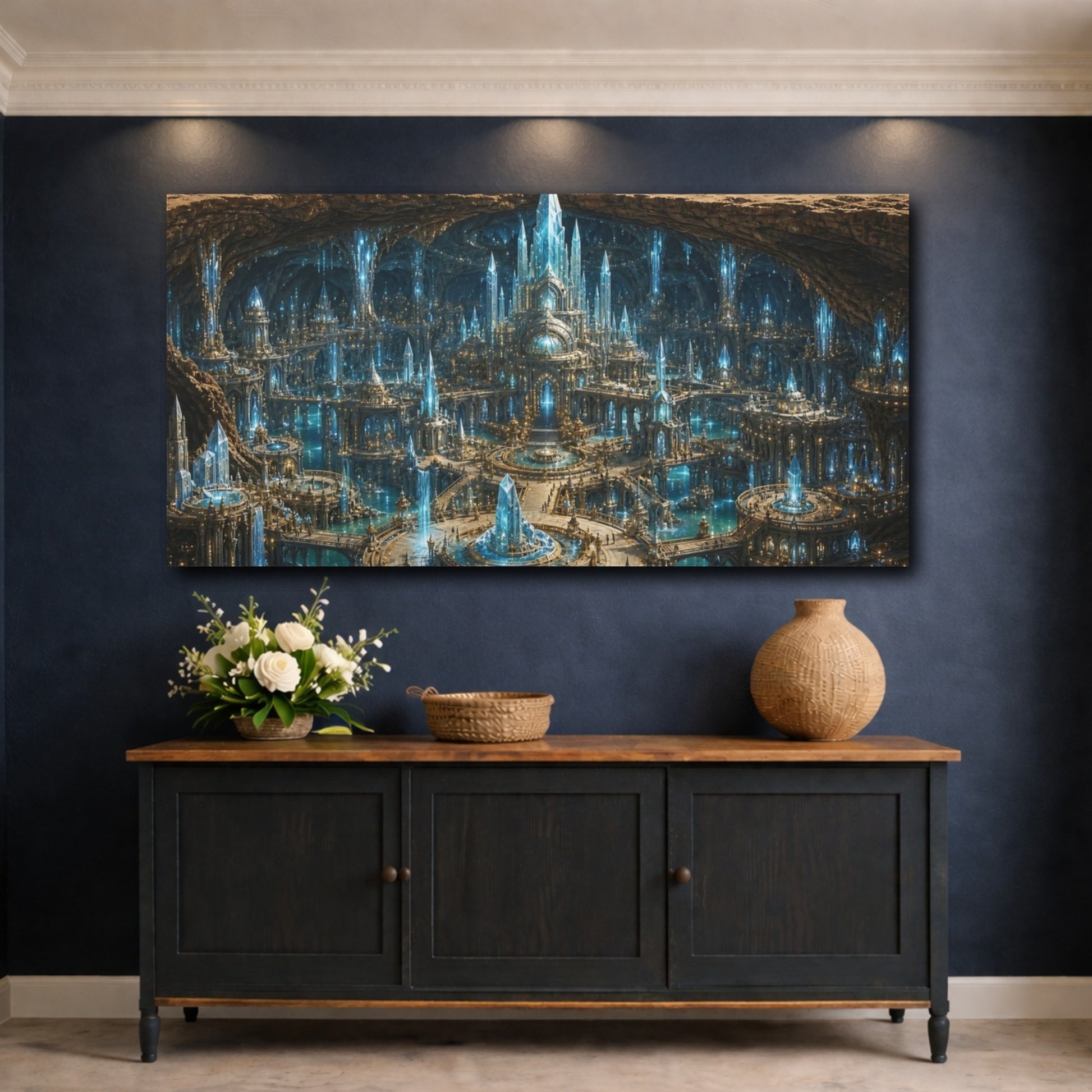 Mockup 4. Science Fiction Crystal City Desert Crystal City shown as stretched canvas wall art