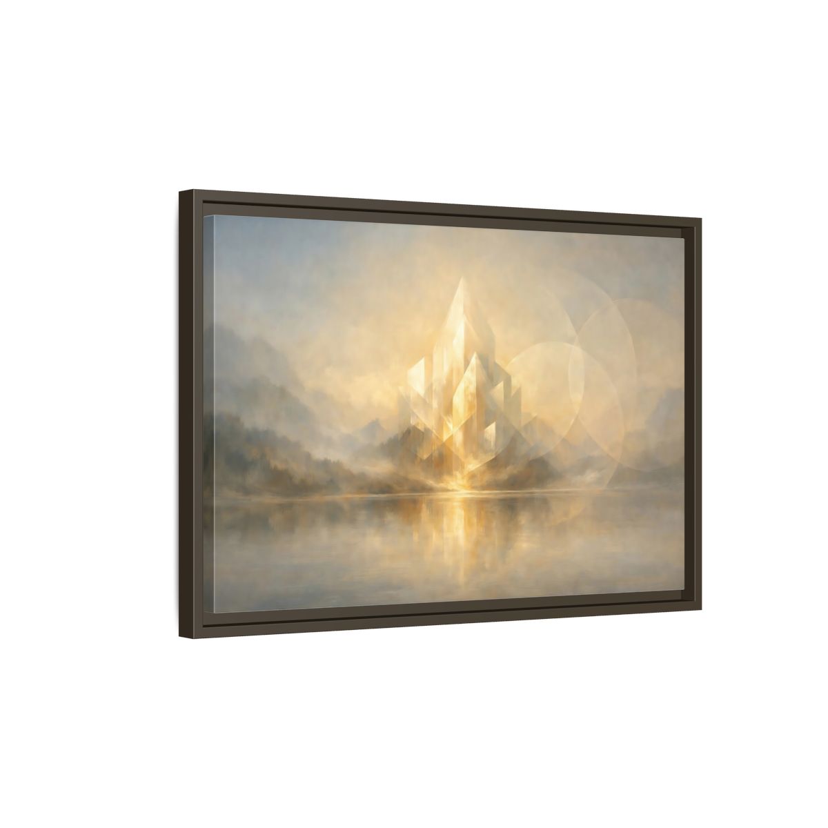 Side Mockup 2. Science Fiction Crystal City Gold And Grey shown as stretched canvas wall art