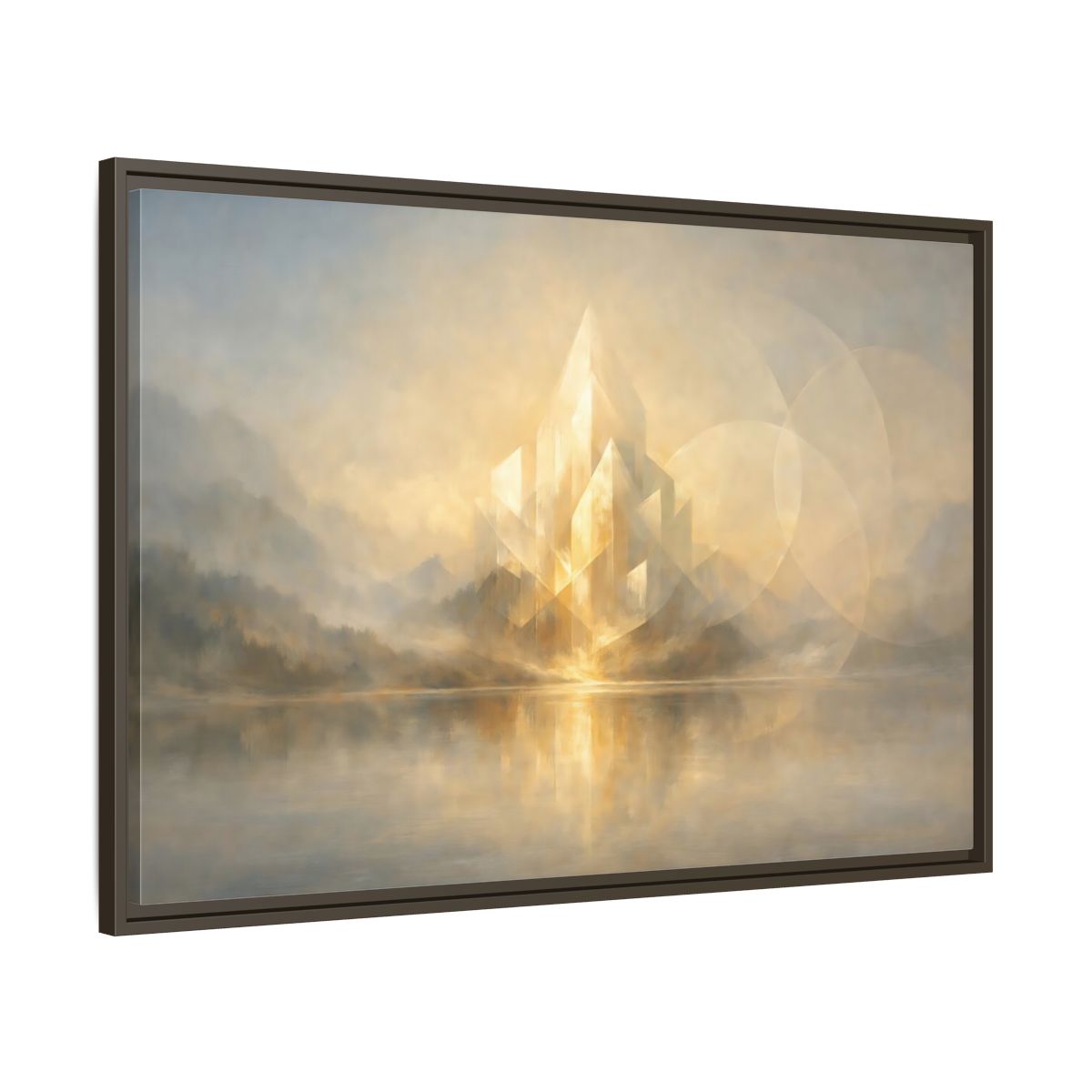 Side Mockup 9. Science Fiction Crystal City Gold And Grey shown as stretched canvas wall art