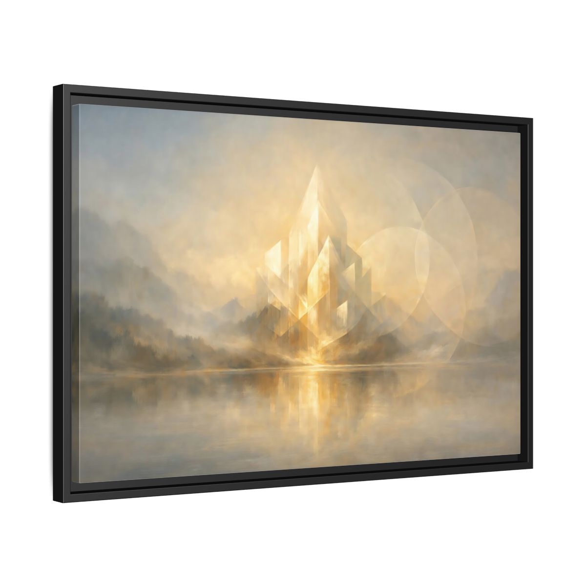 Side Mockup 14. Science Fiction Crystal City Gold And Grey shown as stretched canvas wall art