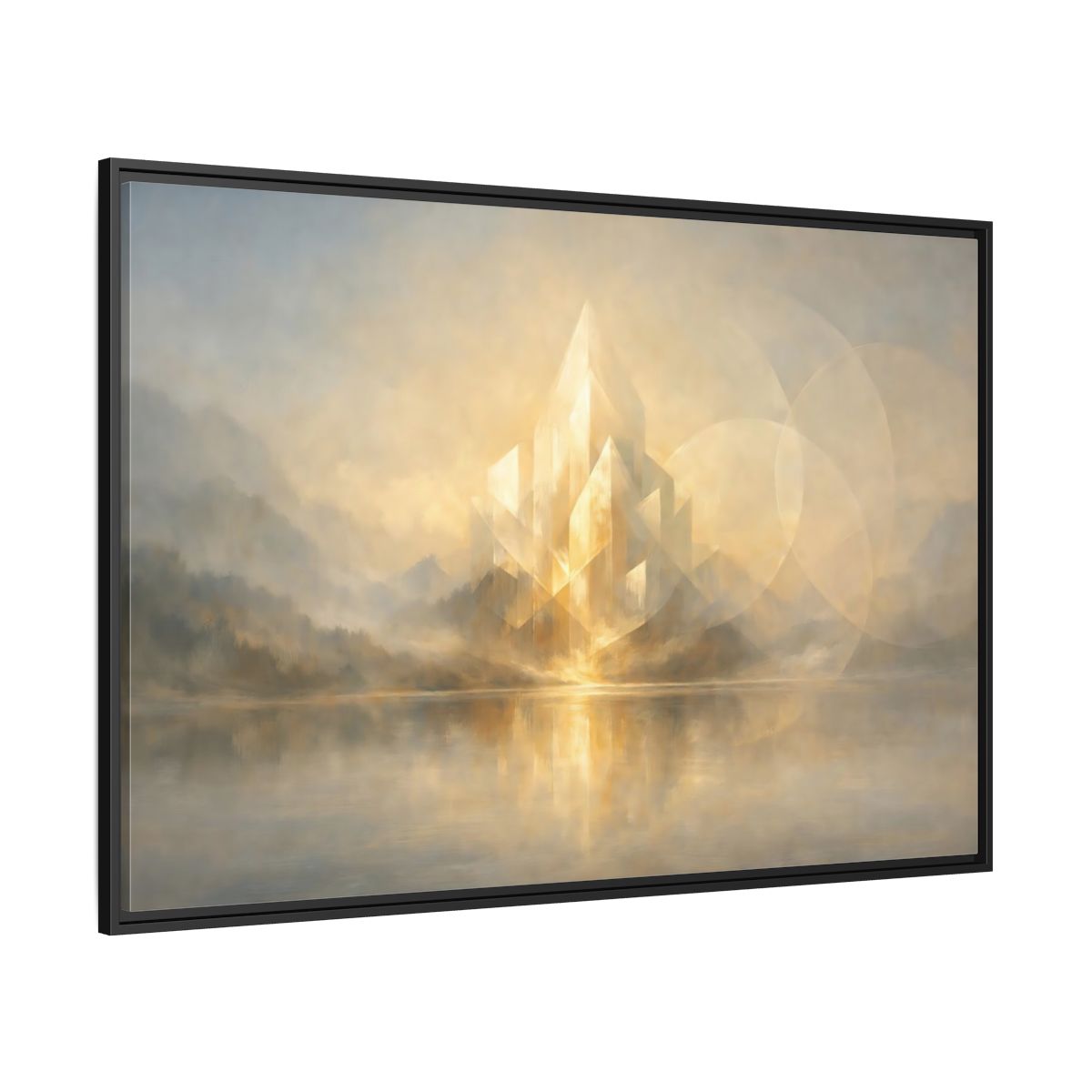 Side Mockup 12. Science Fiction Crystal City Gold And Grey shown as stretched canvas wall art