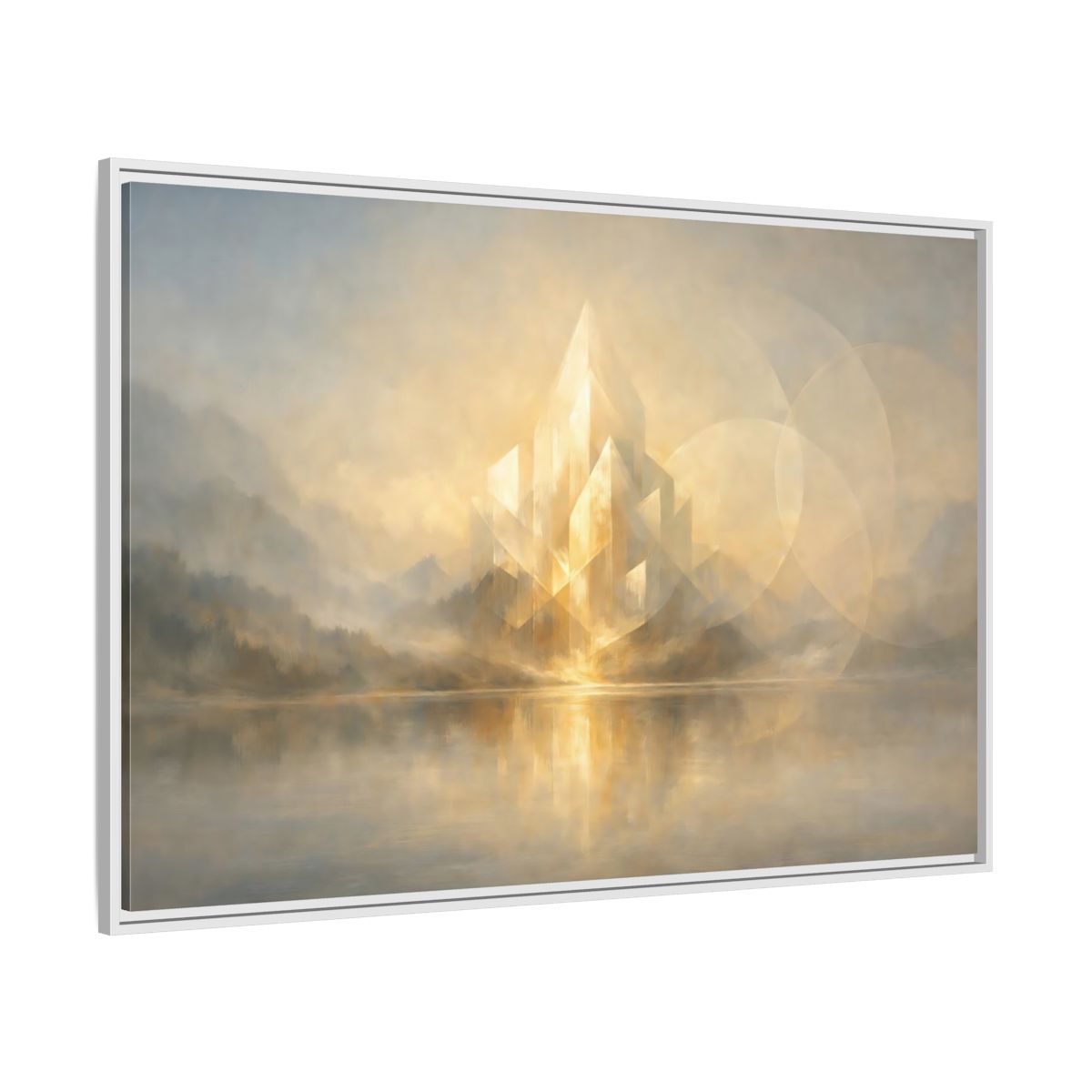 Side Mockup 7. Science Fiction Crystal City Gold And Grey shown as stretched canvas wall art