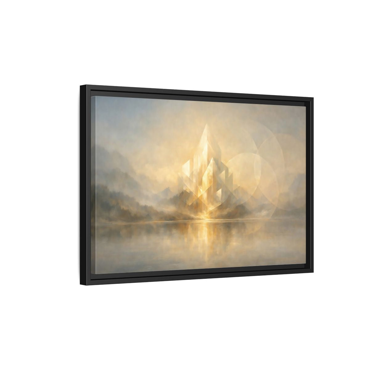 Side Mockup 3. Science Fiction Crystal City Gold And Grey shown as stretched canvas wall art