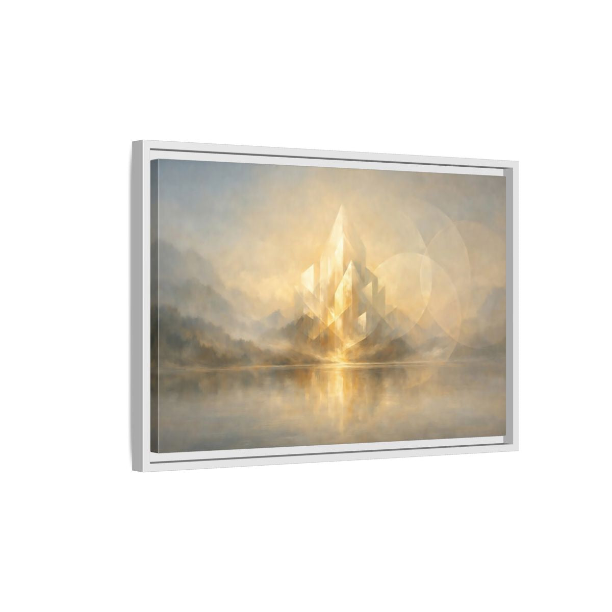Side Mockup 1. Science Fiction Crystal City Gold And Grey shown as stretched canvas wall art