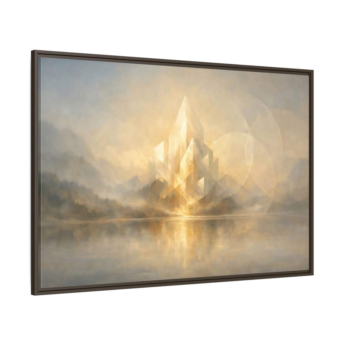 Main Mockup. Science Fiction Crystal City Gold And Grey shown as stretched canvas wall art