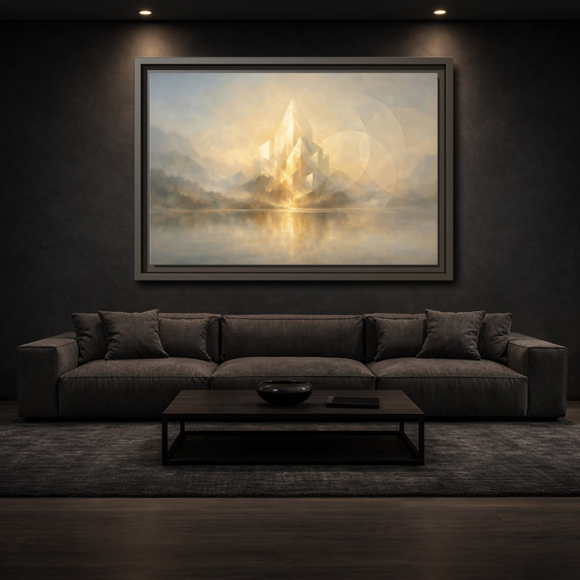 Mockup 2. Science Fiction Crystal City Gold And Grey shown as stretched canvas wall art