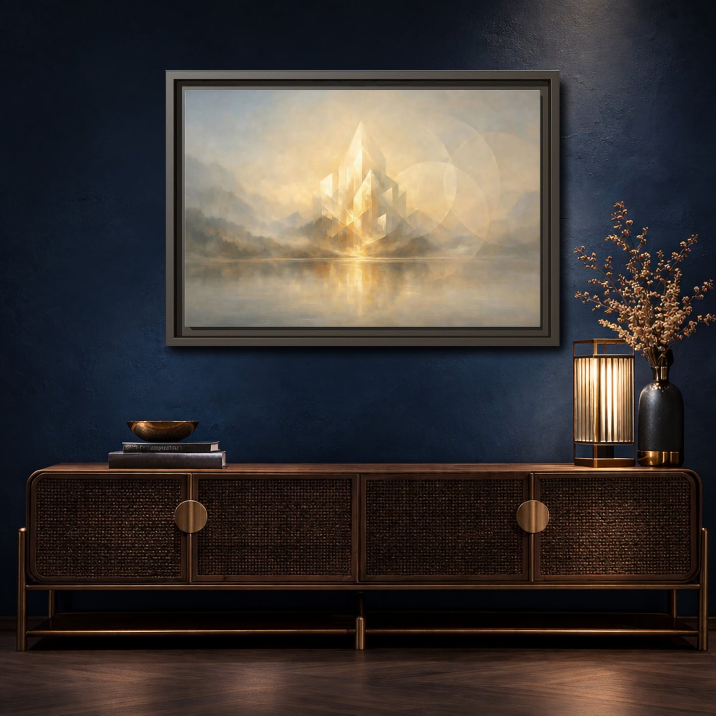 Mockup 4. Science Fiction Crystal City Gold And Grey shown as stretched canvas wall art