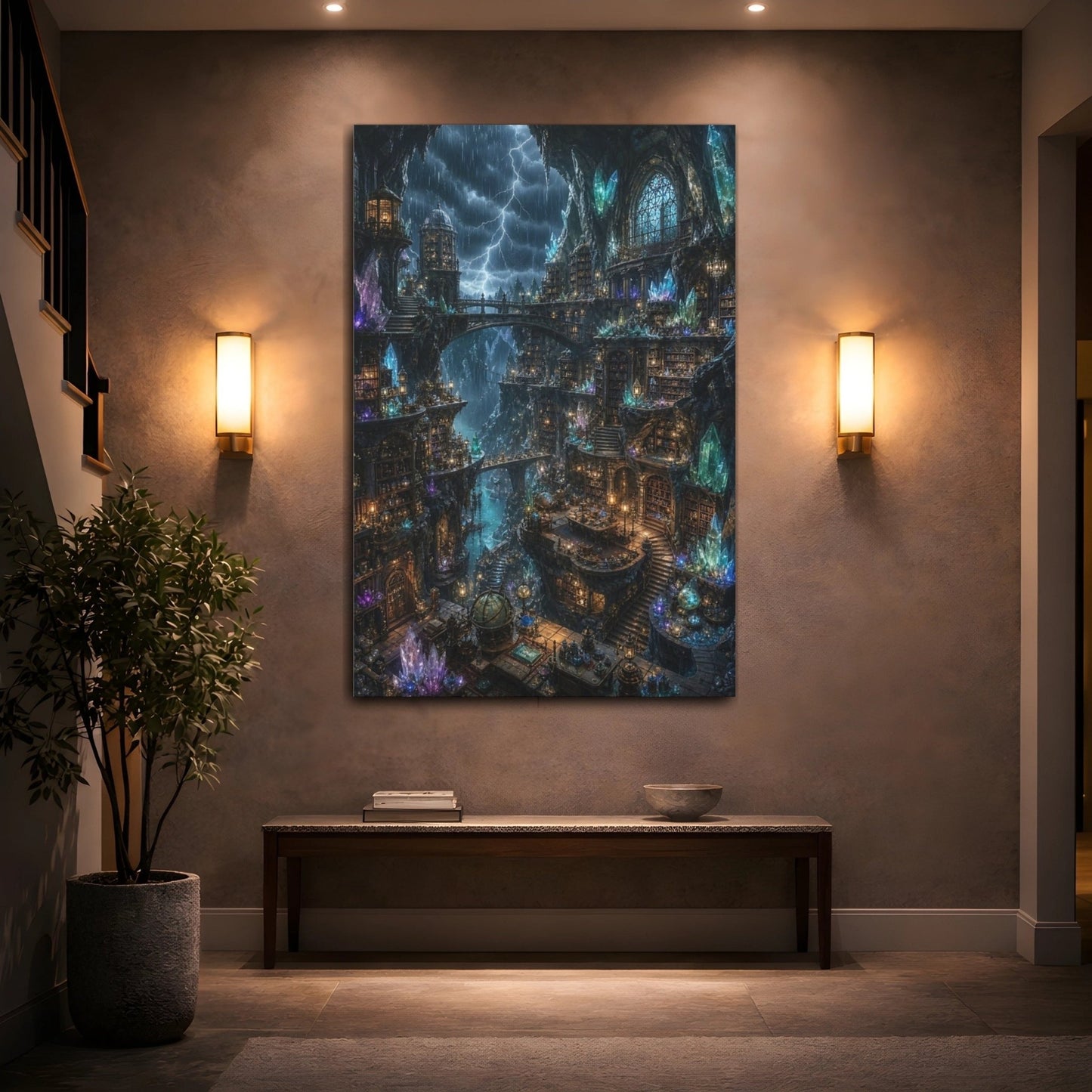 Science Fiction Crystal Library Mystical Cave Canvas Wall Art Print – Fantasy Living Room, Large - YesArtYes