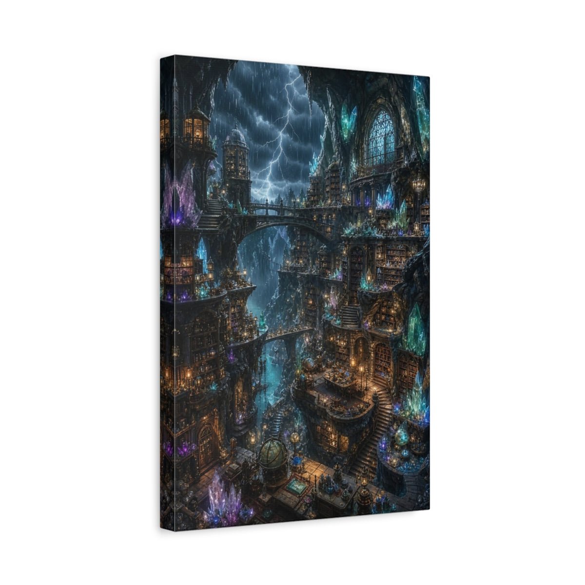 Science Fiction Crystal Library Mystical Cave Canvas Wall Art Print – Fantasy Living Room, Large - YesArtYes