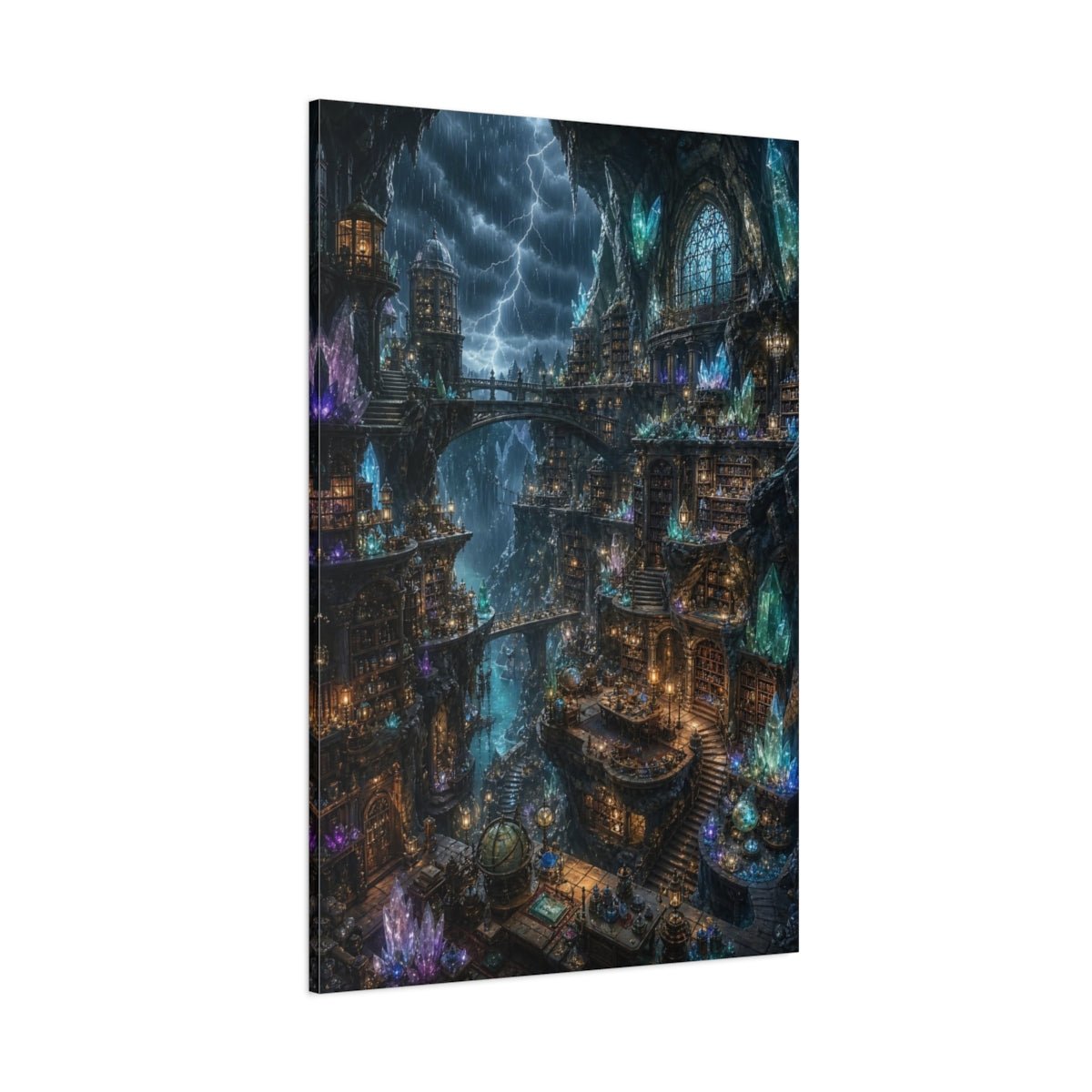 Science Fiction Crystal Library Mystical Cave Canvas Wall Art Print – Fantasy Living Room, Large - YesArtYes