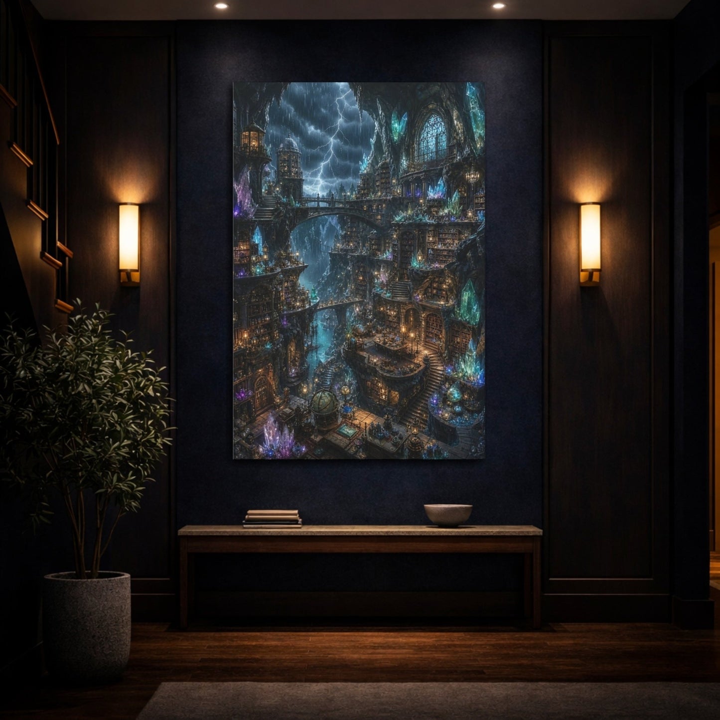 Science Fiction Crystal Library Mystical Cave Canvas Wall Art Print – Fantasy Living Room, Large - YesArtYes
