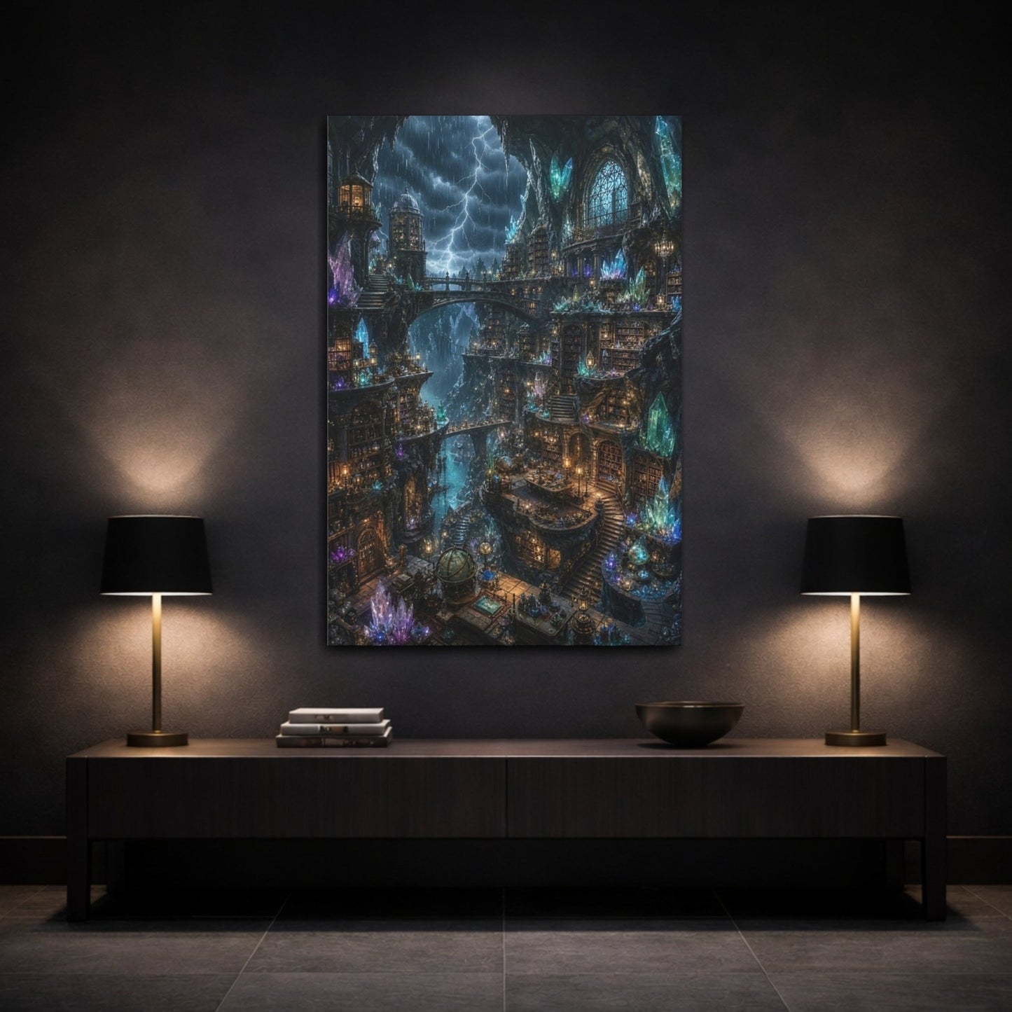 Science Fiction Crystal Library Mystical Cave Canvas Wall Art Print – Fantasy Living Room, Large - YesArtYes