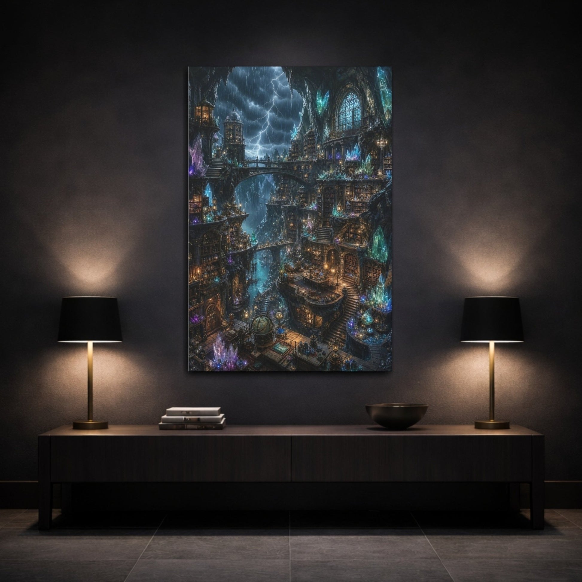Science Fiction Crystal Library Mystical Cave Canvas Wall Art Print – Fantasy Living Room, Large - YesArtYes